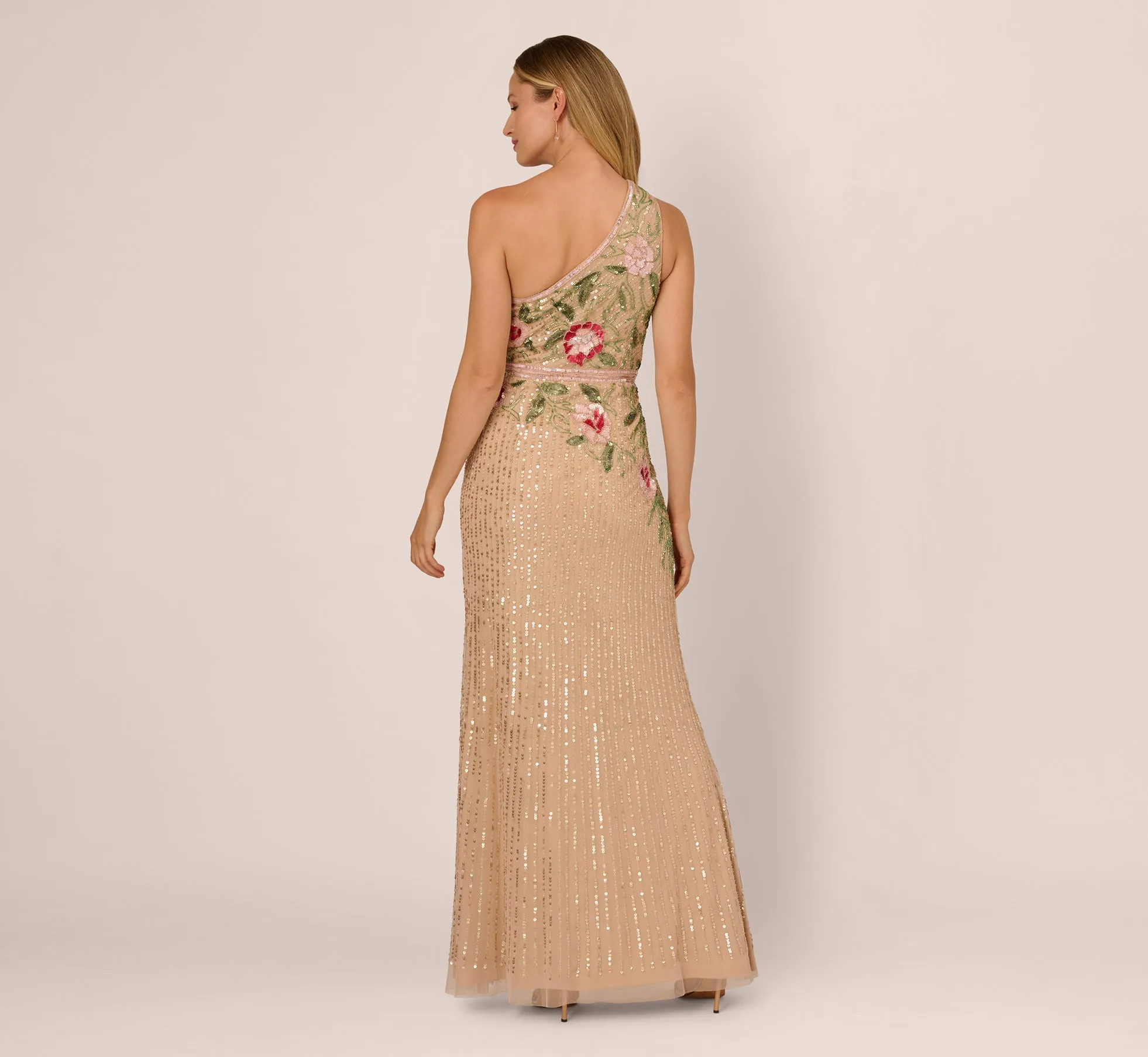 One Shoulder Floral Sequin Bead Gown In Nude Multi sold by Adrianna Papell product image thumbnail 5