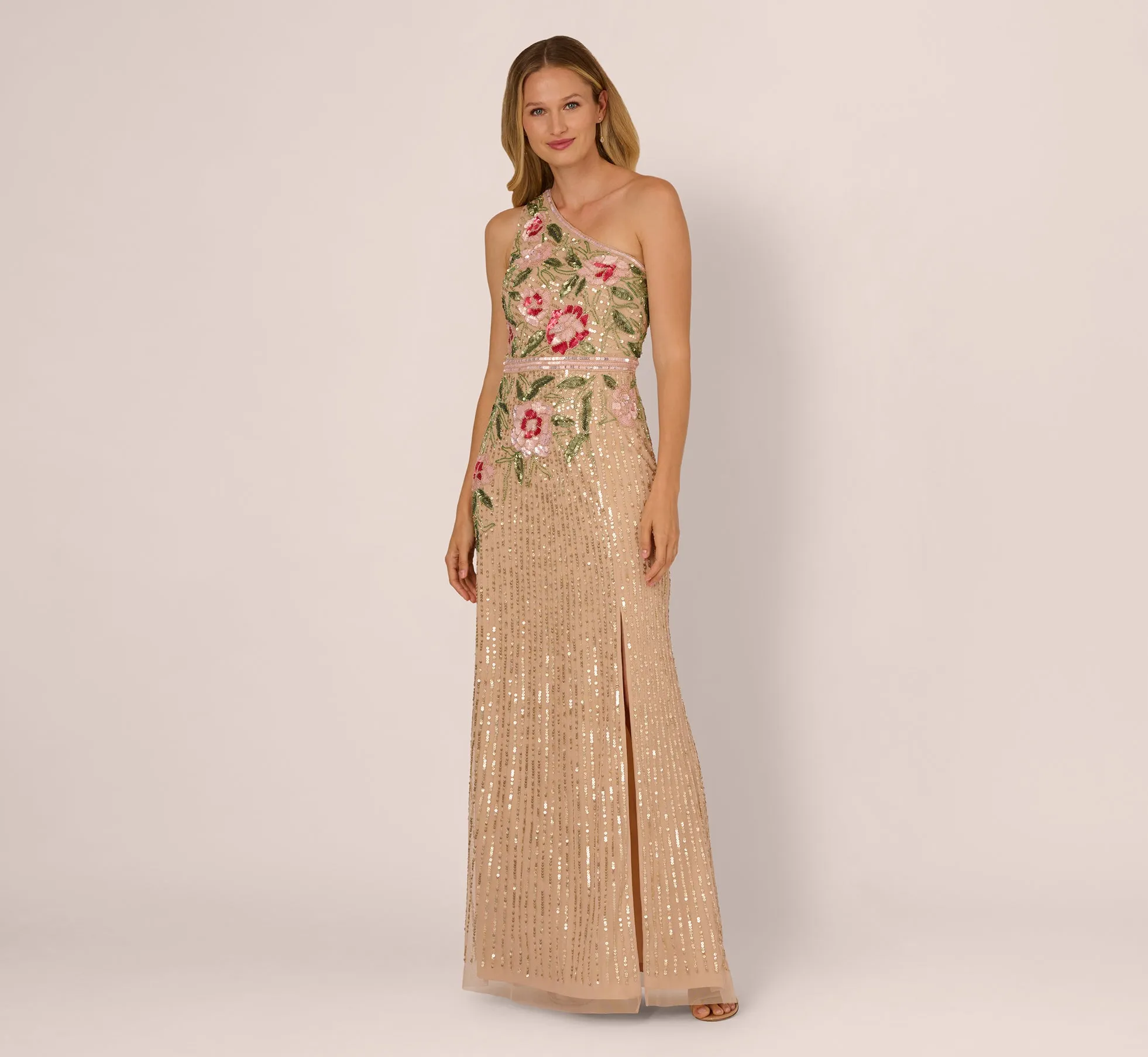 One Shoulder Floral Sequin Bead Gown In Nude Multi sold by Adrianna Papell product image thumbnail 2