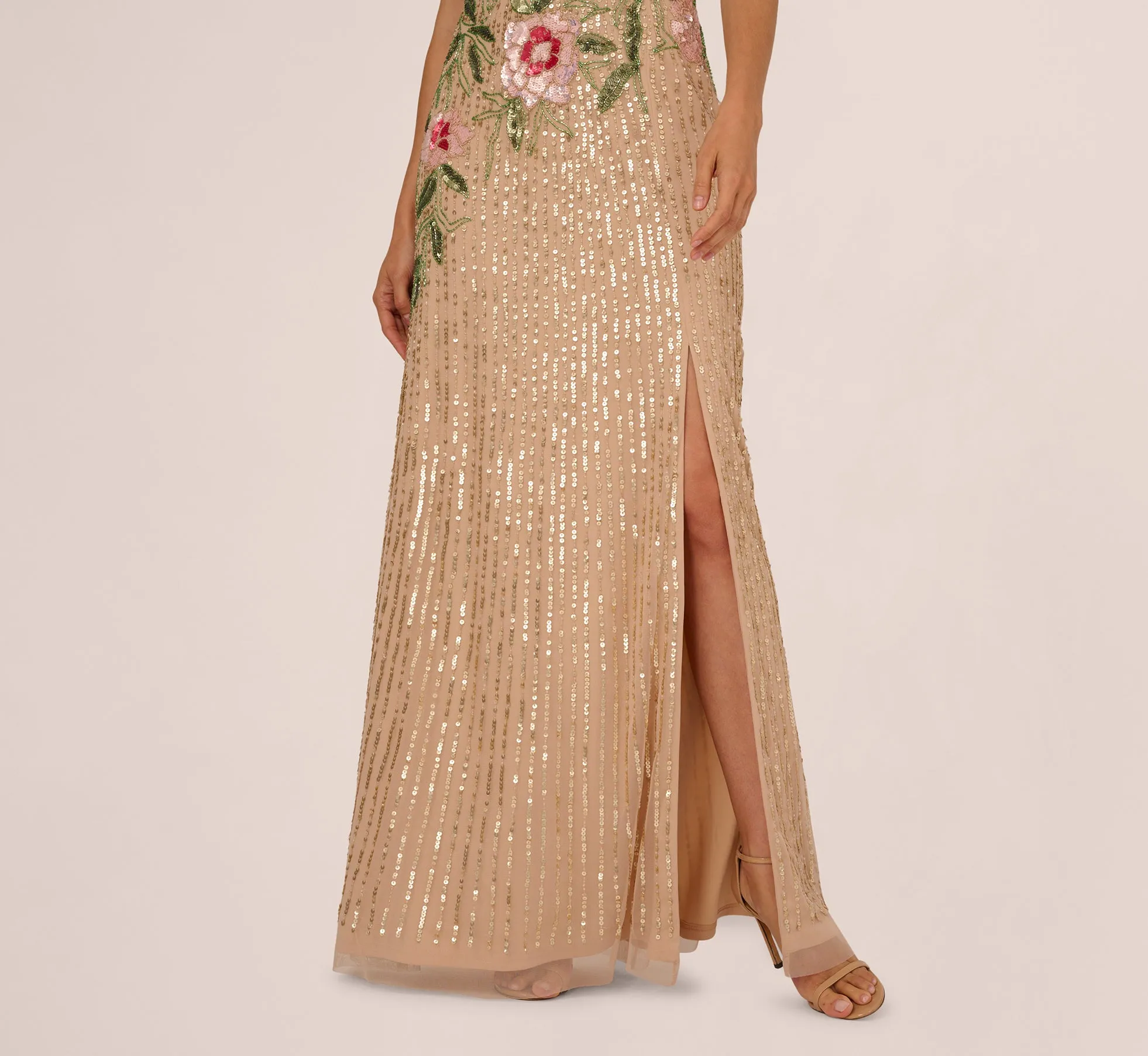 One Shoulder Floral Sequin Bead Gown In Nude Multi sold by Adrianna Papell product image thumbnail 4