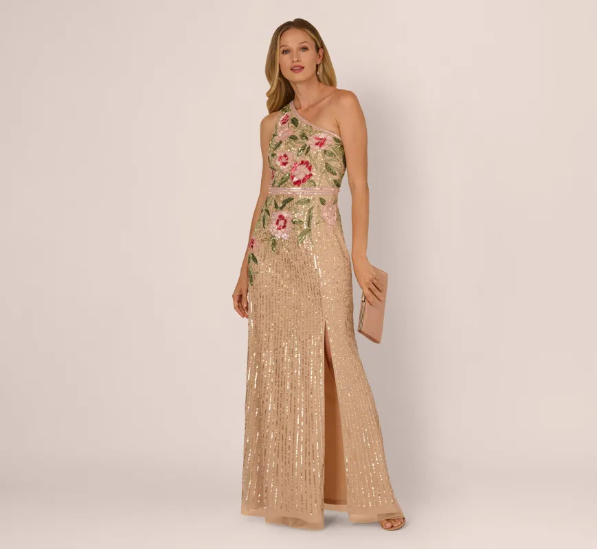 One Shoulder Floral Sequin Bead Gown In Nude Multi sold by Adrianna Papell