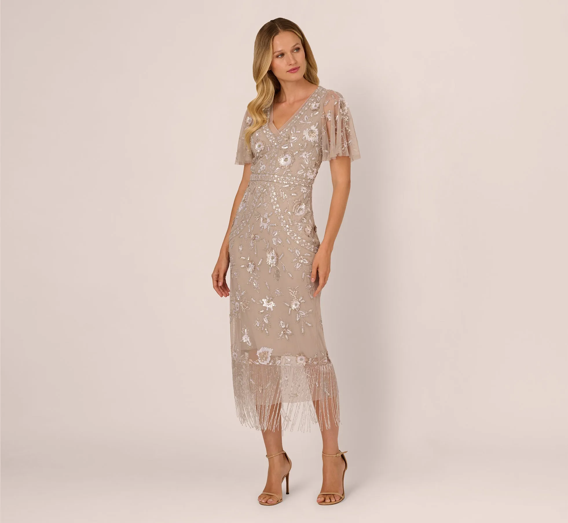 Flutter Sleeve Floral Beaded Fringe Midi Dress In Marble sold by Adrianna Papell product image thumbnail 3
