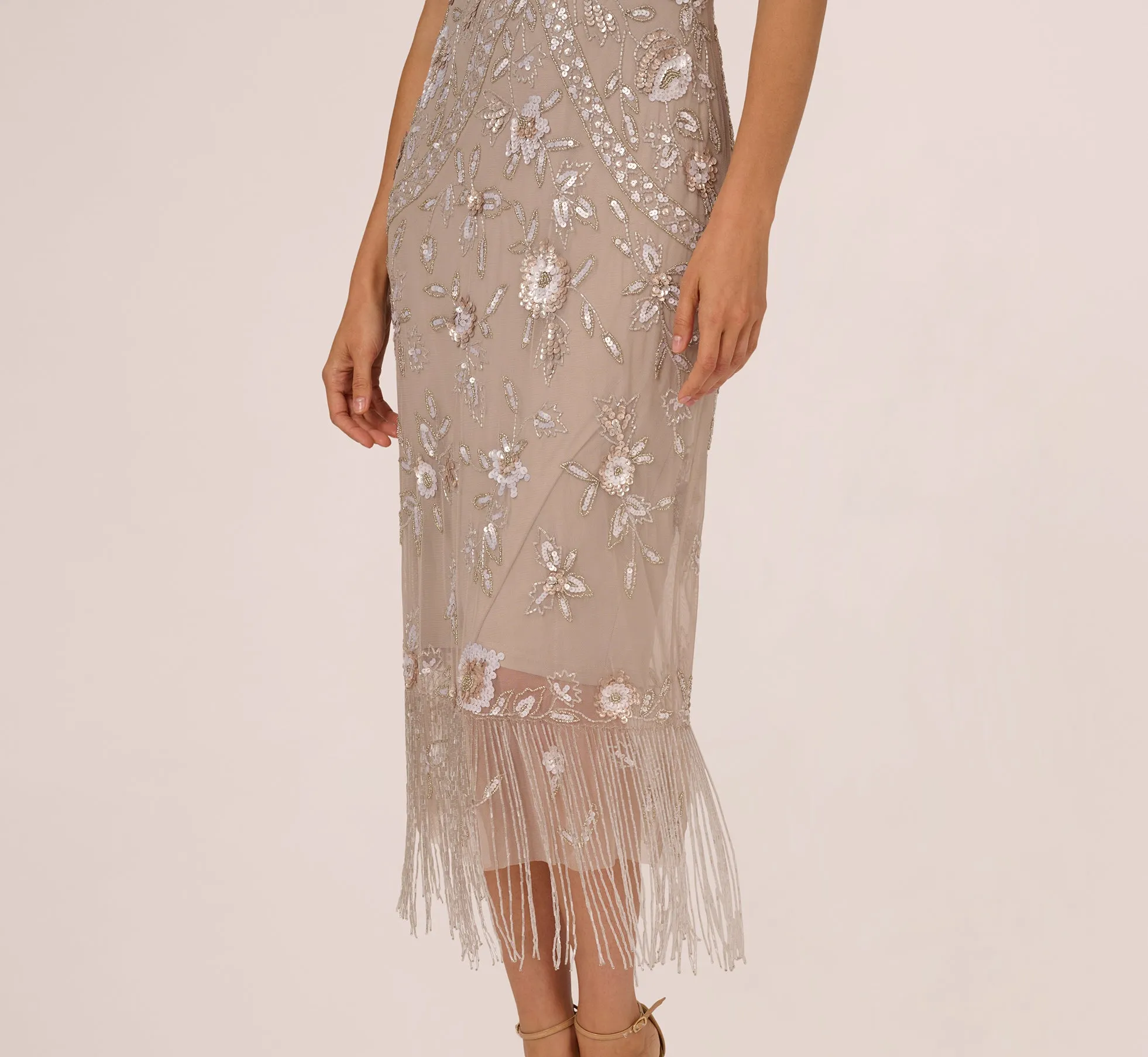 Flutter Sleeve Floral Beaded Fringe Midi Dress In Marble sold by Adrianna Papell product image thumbnail 5