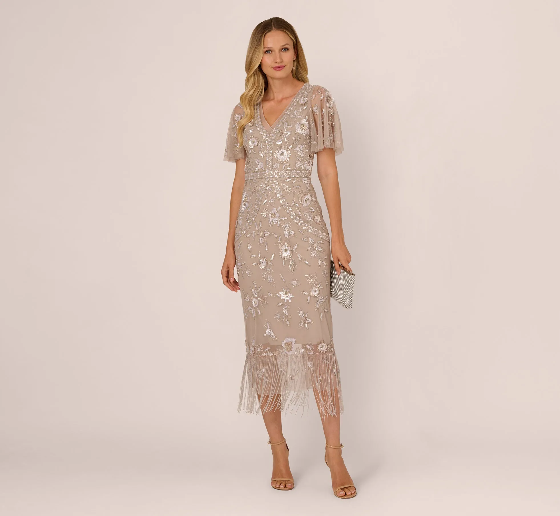 Flutter Sleeve Floral Beaded Fringe Midi Dress In Marble sold by Adrianna Papell product image thumbnail 2