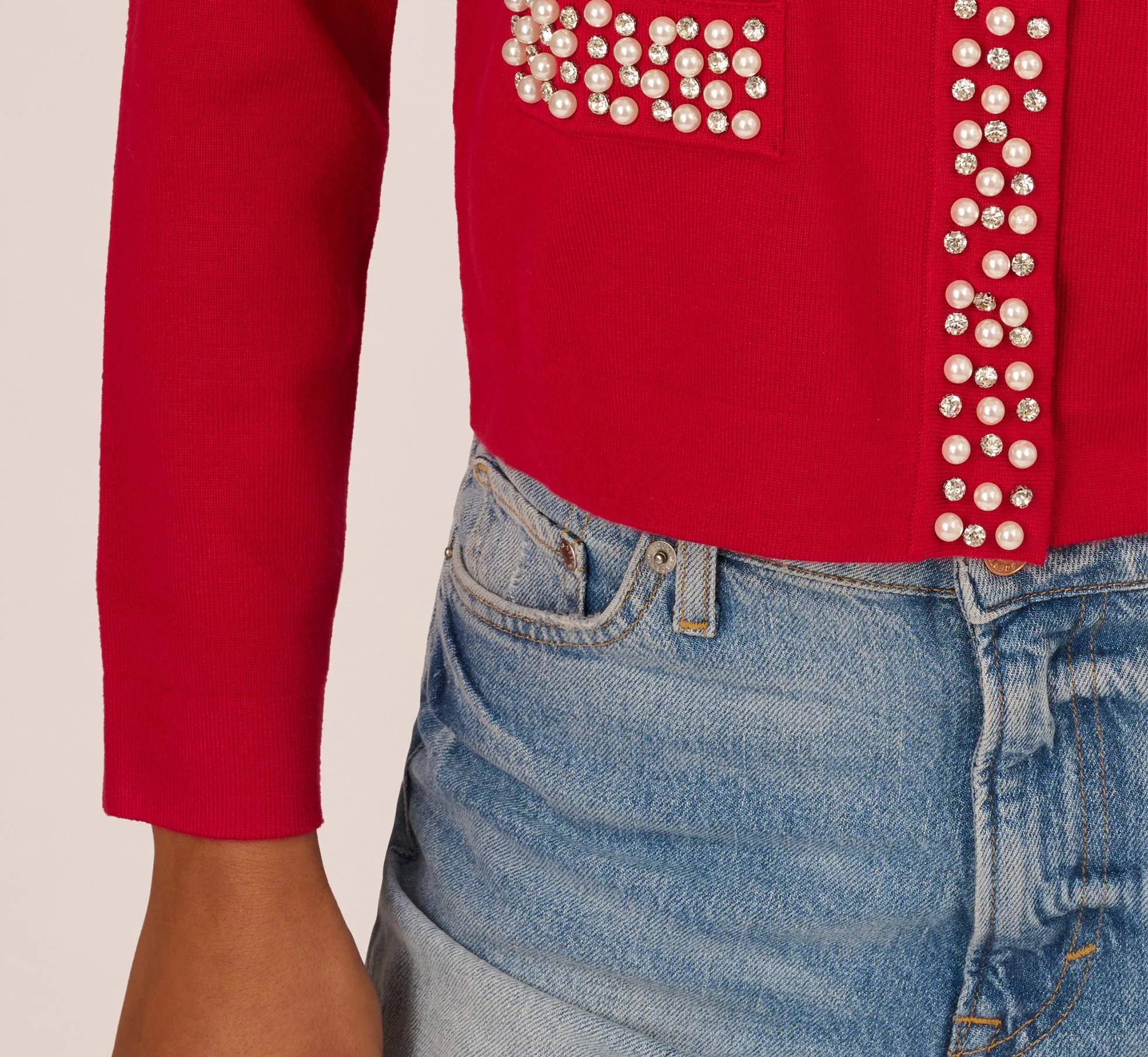 Rhinestone Pearly Cardigan Sweater In Haute Red sold by Adrianna Papell product image thumbnail 4