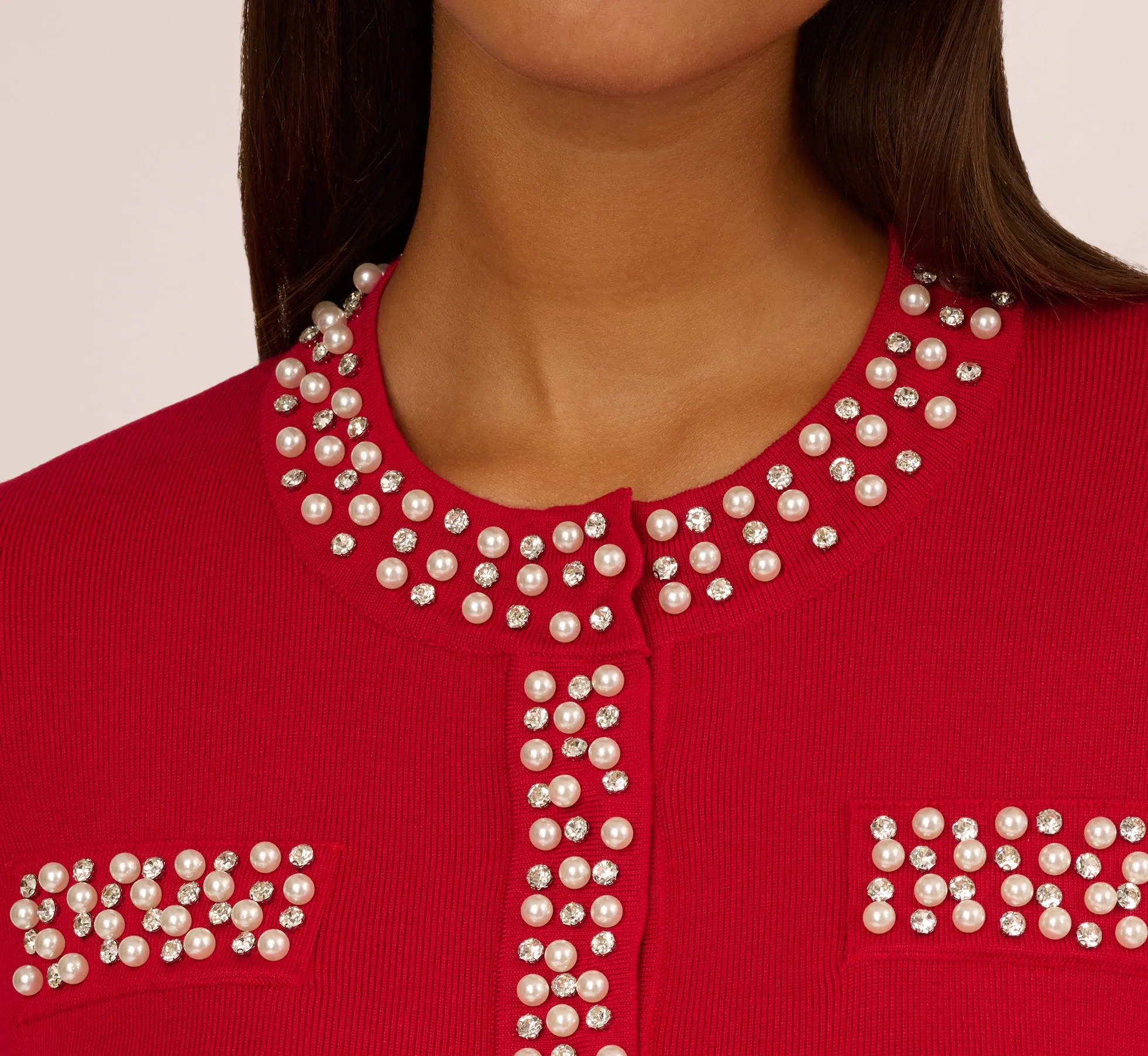 Rhinestone Pearly Cardigan Sweater In Haute Red sold by Adrianna Papell product image thumbnail 5