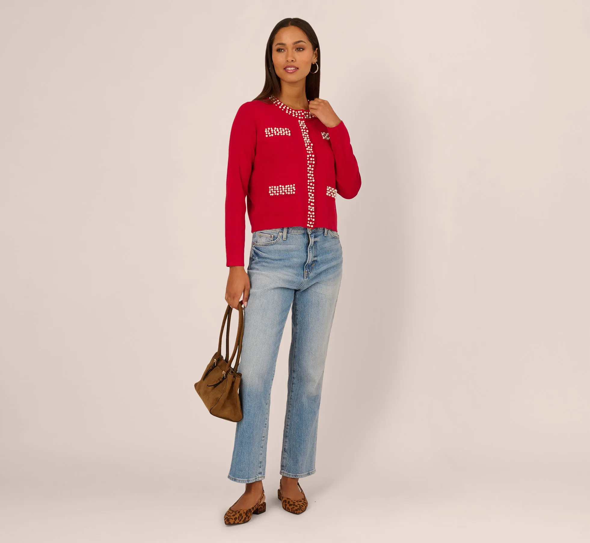 Rhinestone Pearly Cardigan Sweater In Haute Red sold by Adrianna Papell product image thumbnail 2