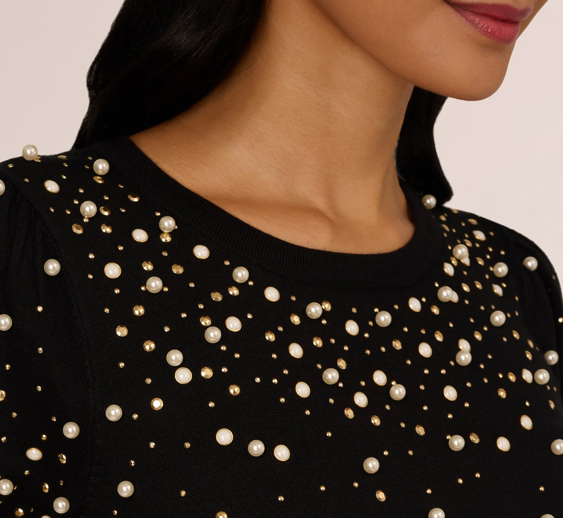 Puff Sleeve Pearly Embellished Sweater In Black sold by Adrianna Papell product image thumbnail 5