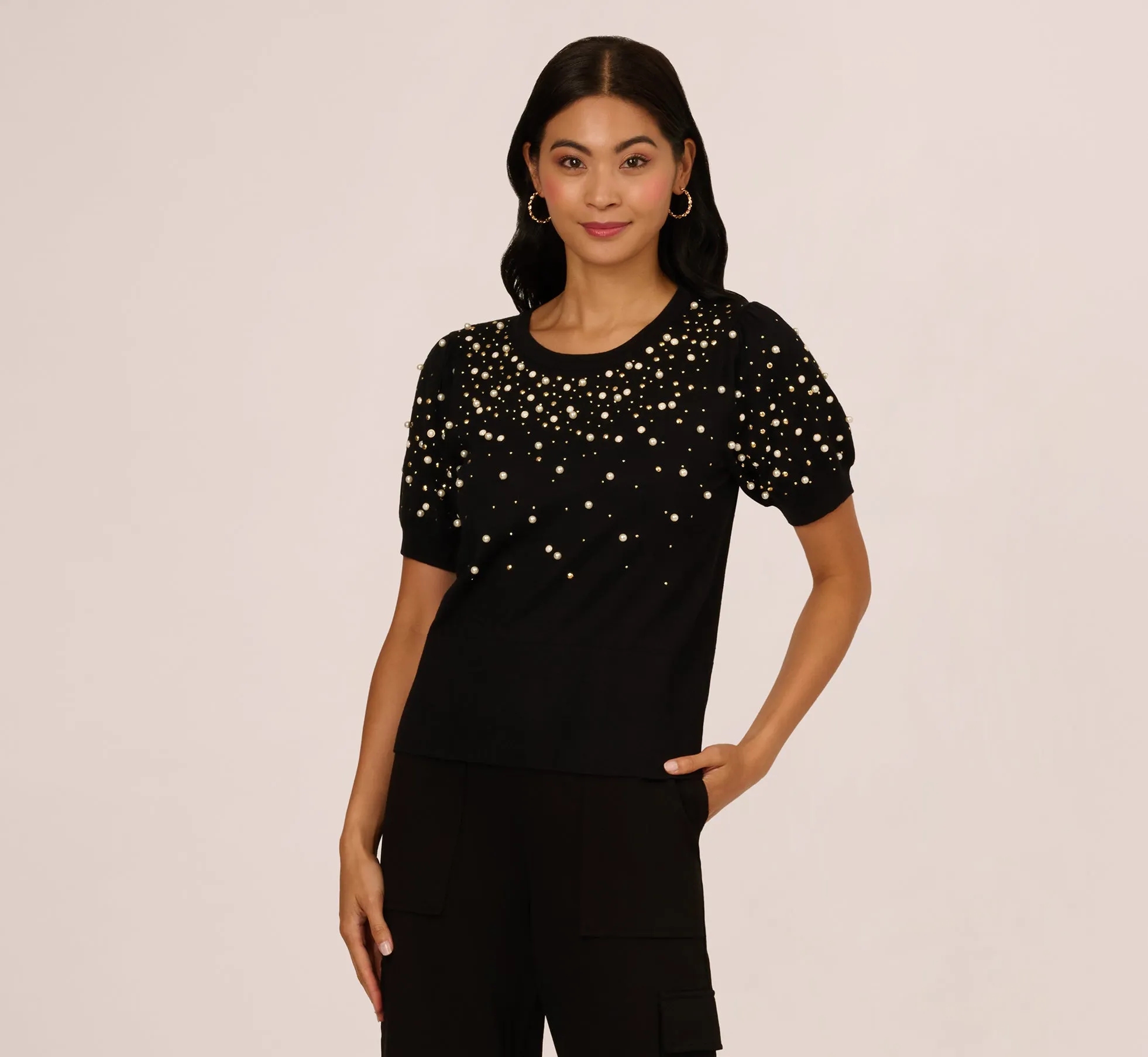 Puff Sleeve Pearly Embellished Sweater In Black sold by Adrianna Papell product image thumbnail 3