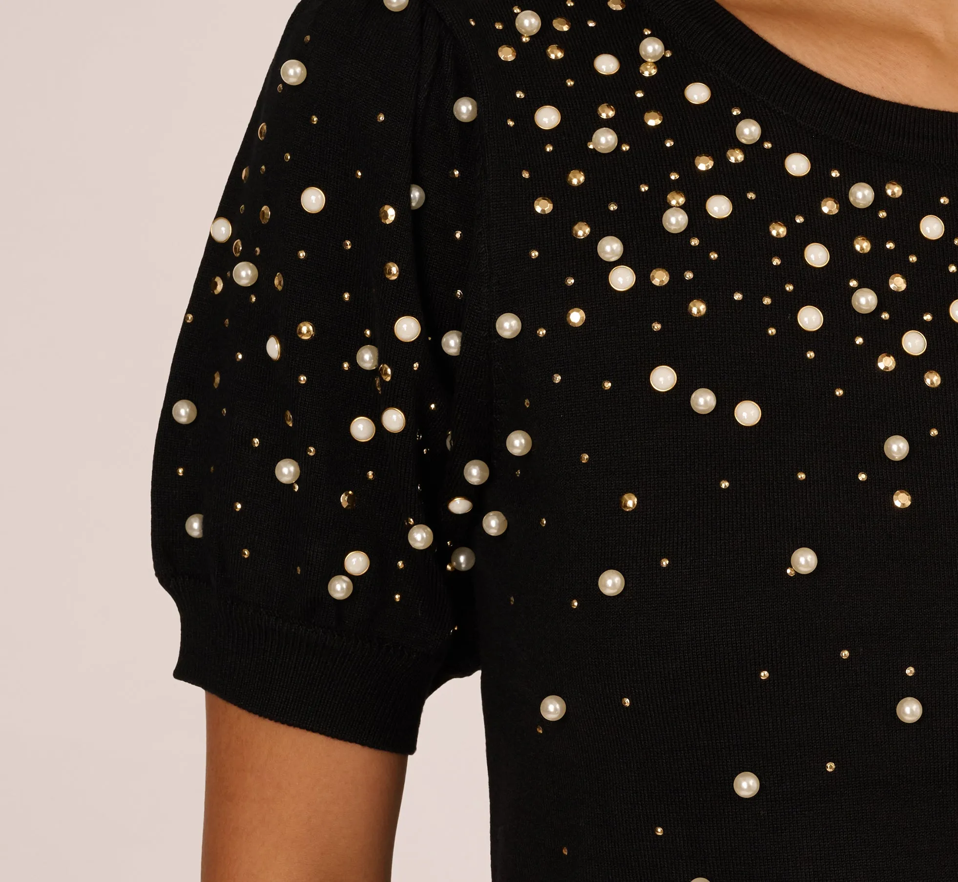 Puff Sleeve Pearly Embellished Sweater In Black sold by Adrianna Papell product image thumbnail 4