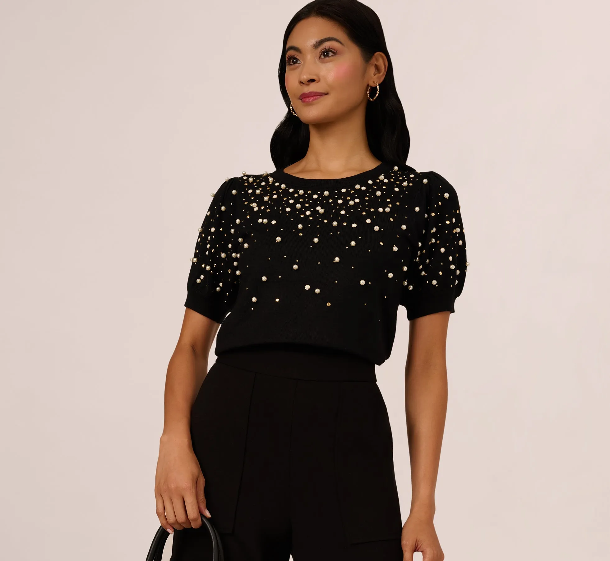 Puff Sleeve Pearly Embellished Sweater In Black sold by Adrianna Papell