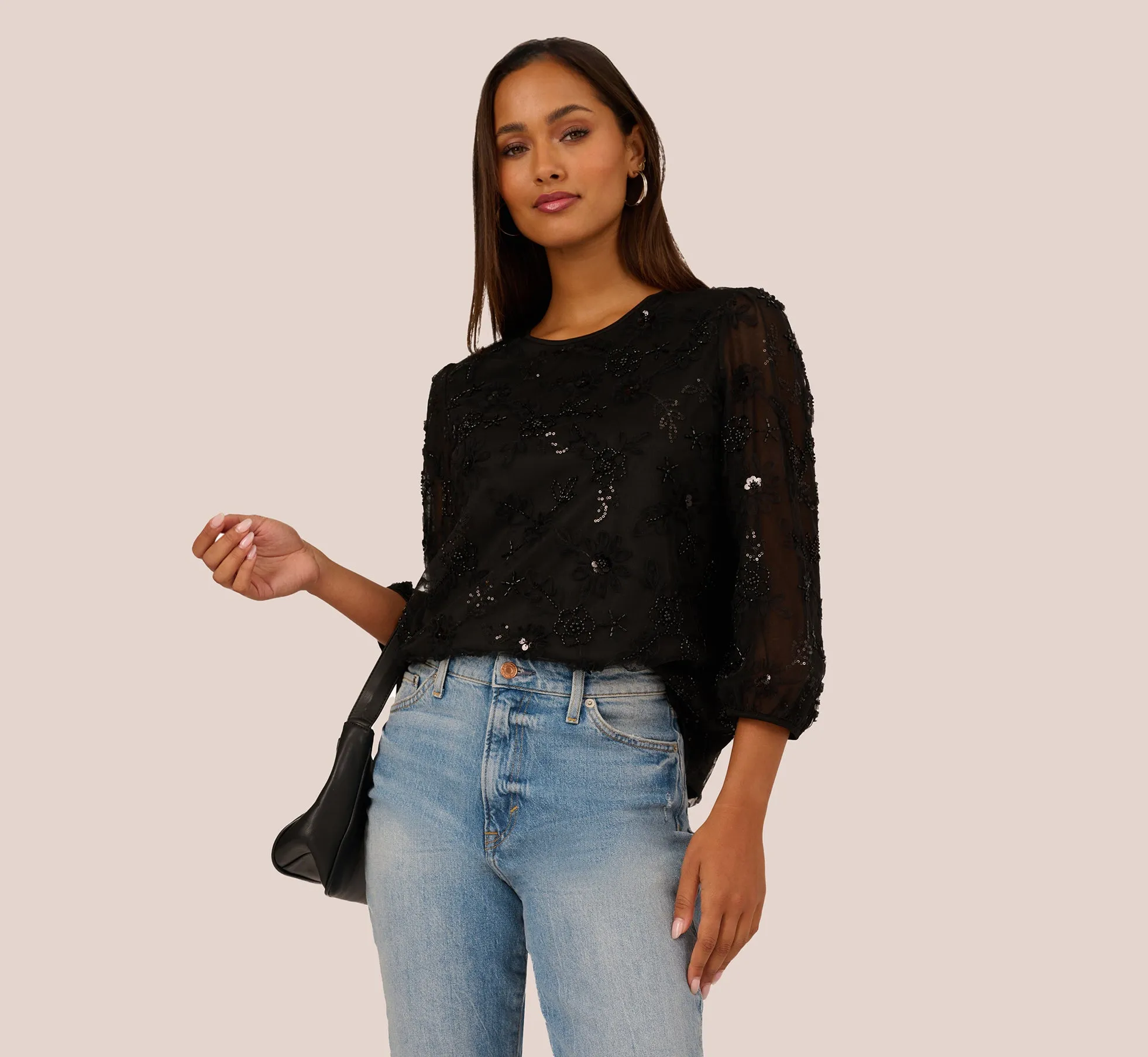 Three Quarter Sleeve Sequin Bead Top In Black sold by Adrianna Papell