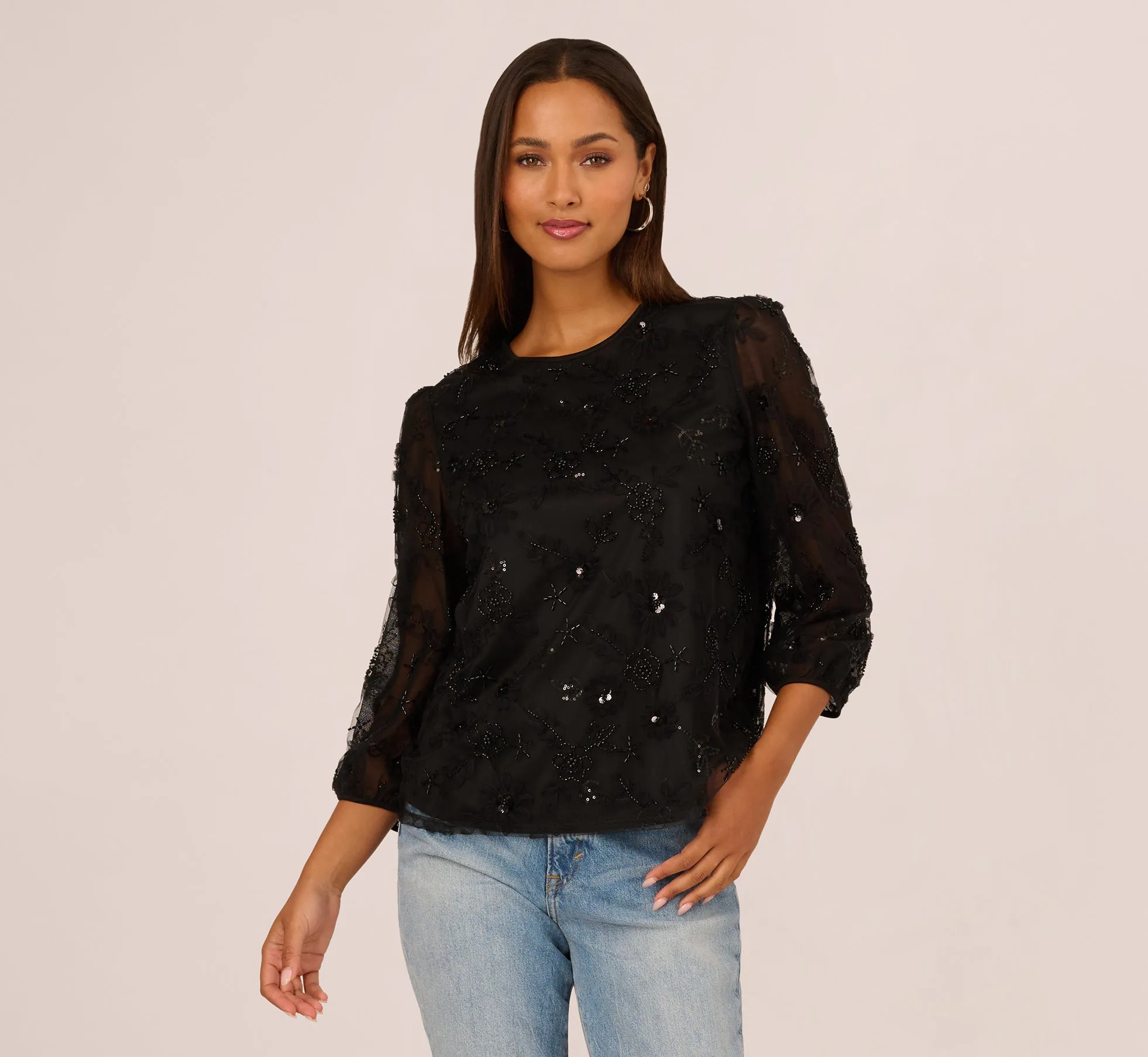 Three Quarter Sleeve Sequin Bead Top In Black sold by Adrianna Papell product image thumbnail 3