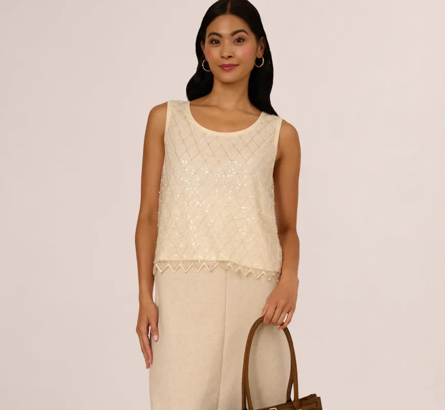 Sequin Beaded Tank Top In Almond Cream sold by Adrianna Papell