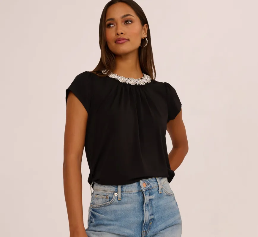 Cap Sleeve Pearly Collar Top In Black sold by Adrianna Papell