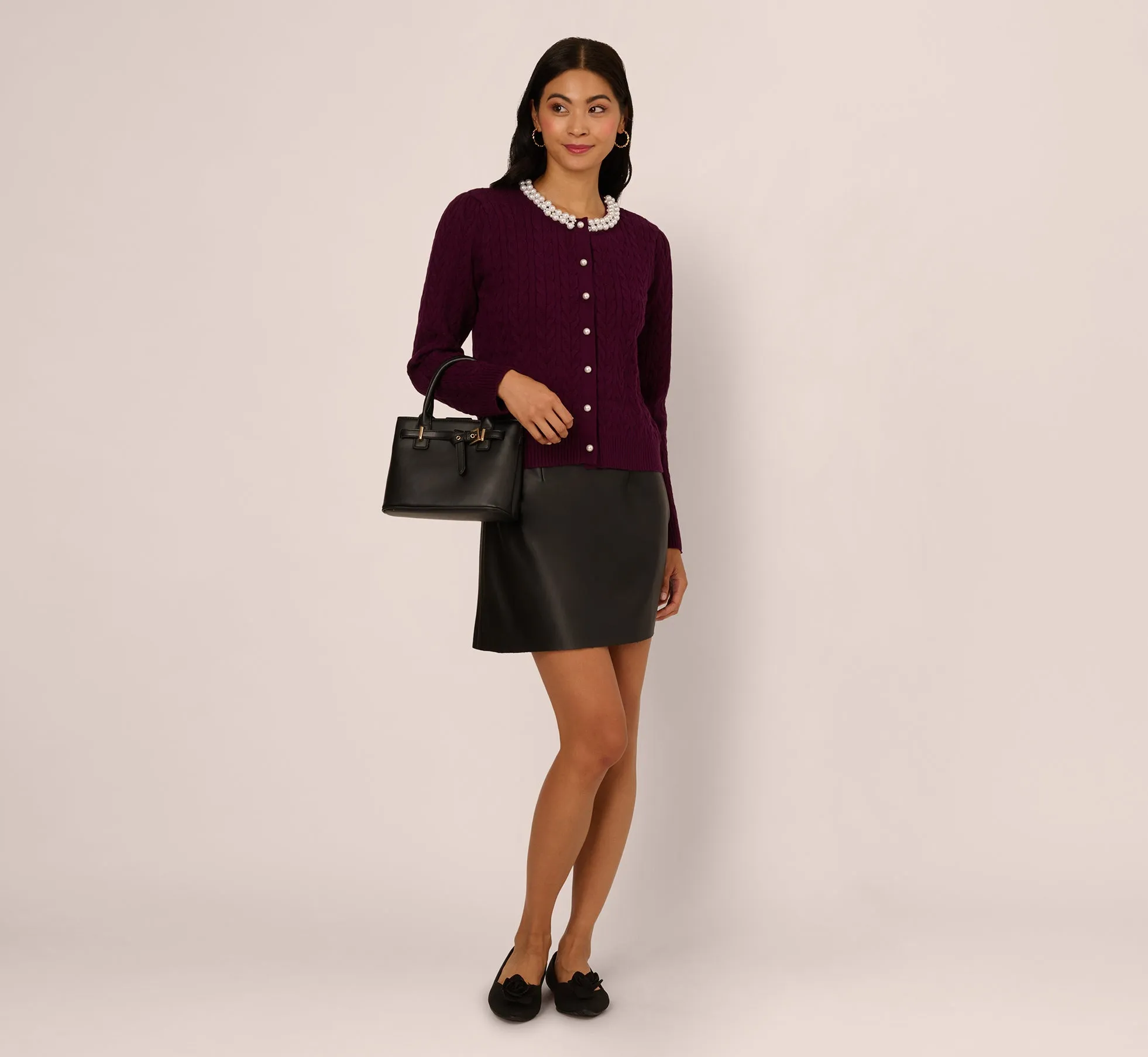 Pearly Trim Cable Knit Cardigan Sweater In Raisin sold by Adrianna Papell product image thumbnail 2