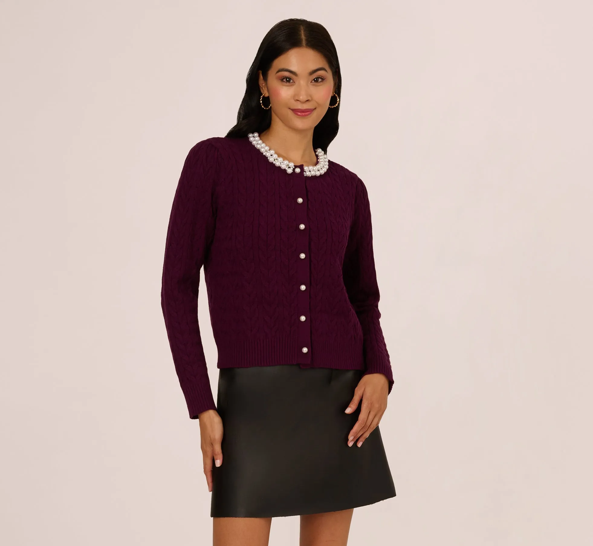 Pearly Trim Cable Knit Cardigan Sweater In Raisin sold by Adrianna Papell product image thumbnail 3