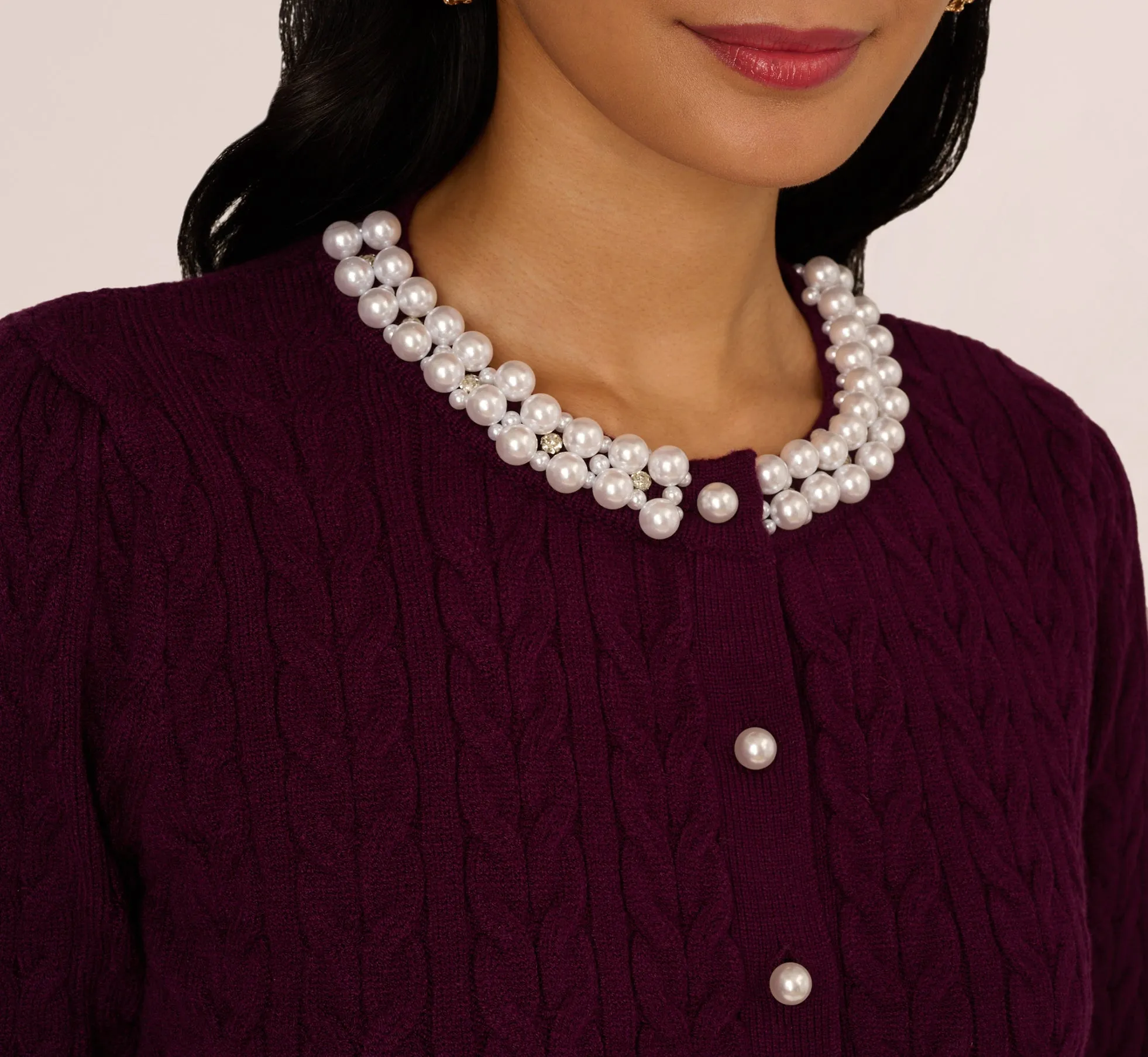 Pearly Trim Cable Knit Cardigan Sweater In Raisin sold by Adrianna Papell product image thumbnail 4