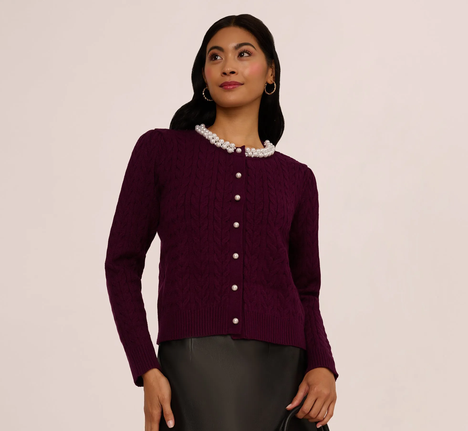 Pearly Trim Cable Knit Cardigan Sweater In Raisin sold by Adrianna Papell