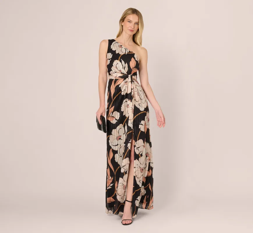 One Shoulder Floral Ribbon Stripe Gown In Black Multi sold by Adrianna Papell