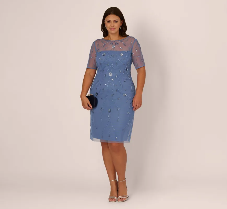 Plus Size Short Sleeve Illusion Floral Beaded Sheath Dress In French Blue sold by Adrianna Papell