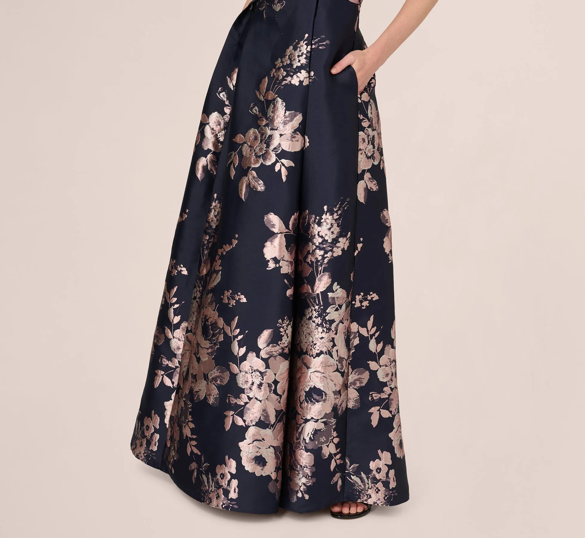 Off Shoulder Metallic Floral Jacquard Gown In Navy Blush sold by Adrianna Papell product image thumbnail 4