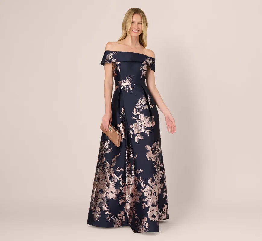 Off Shoulder Metallic Floral Jacquard Gown In Navy Blush sold by Adrianna Papell