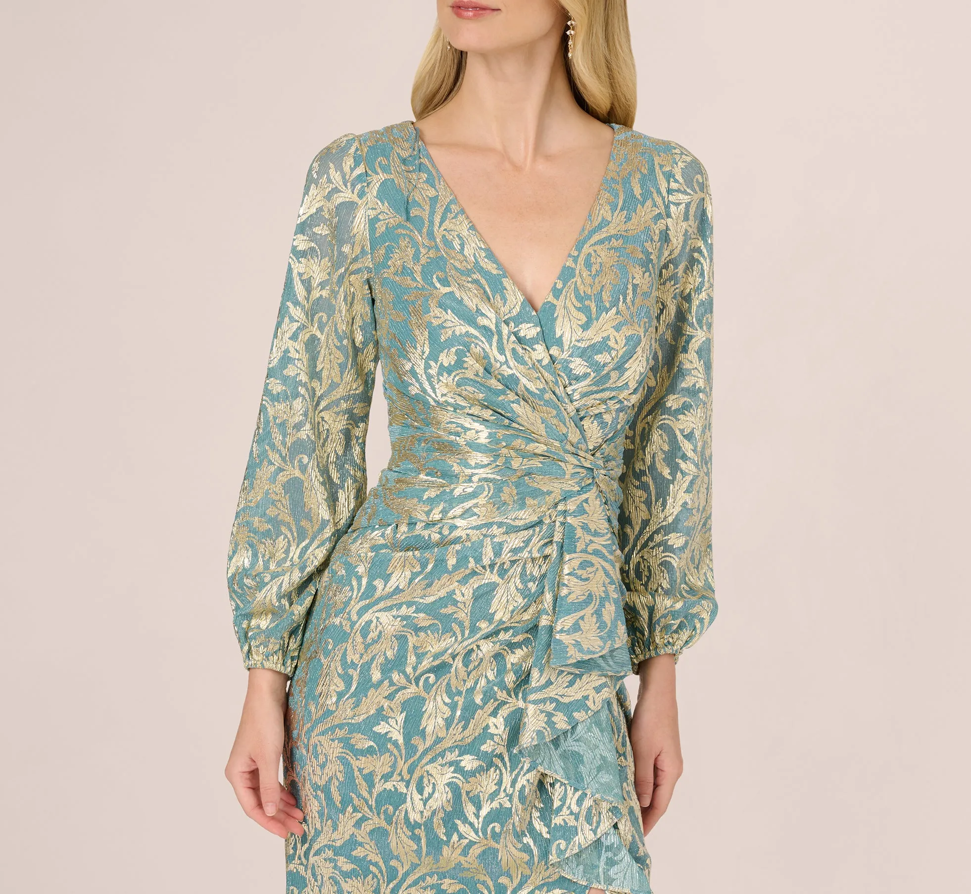 Long Sleeve Metallic Crinkle Drape Gown In Mint Gold sold by Adrianna Papell product image thumbnail 3
