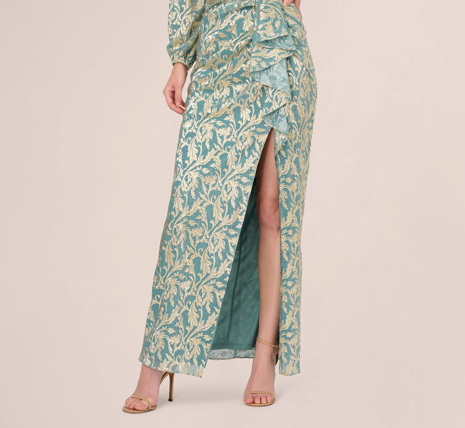 Long Sleeve Metallic Crinkle Drape Gown In Mint Gold sold by Adrianna Papell product image thumbnail 4