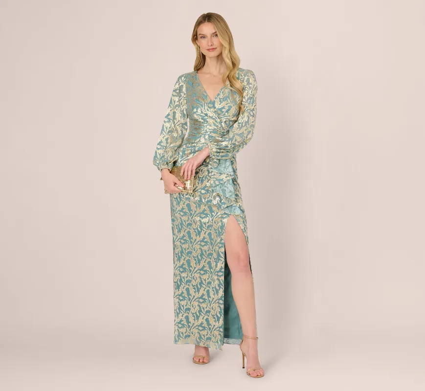 Long Sleeve Metallic Crinkle Drape Gown In Mint Gold sold by Adrianna Papell