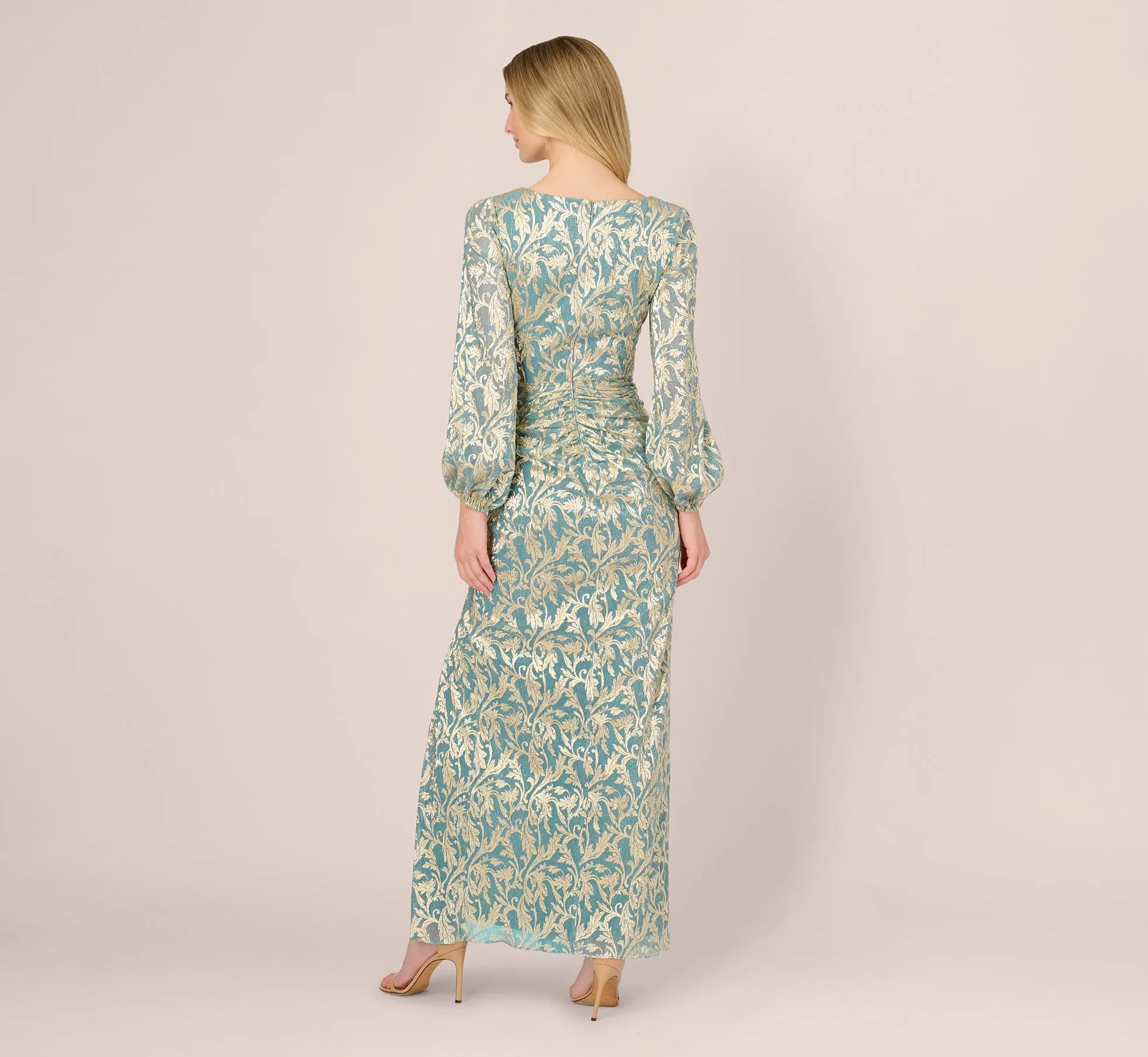 Long Sleeve Metallic Crinkle Drape Gown In Mint Gold sold by Adrianna Papell product image thumbnail 5