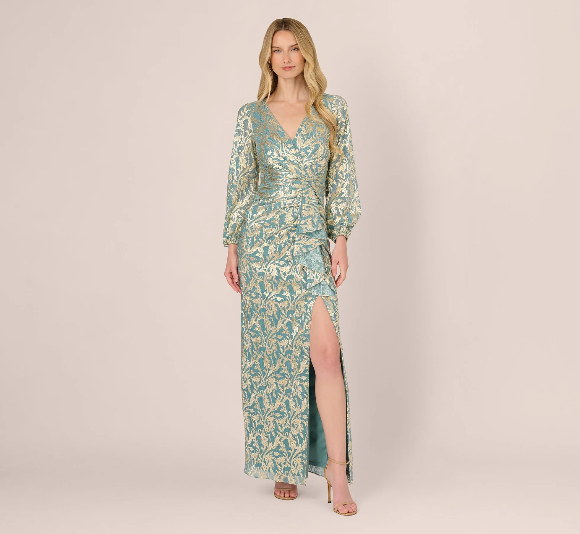 Long Sleeve Metallic Crinkle Drape Gown In Mint Gold sold by Adrianna Papell product image thumbnail 2