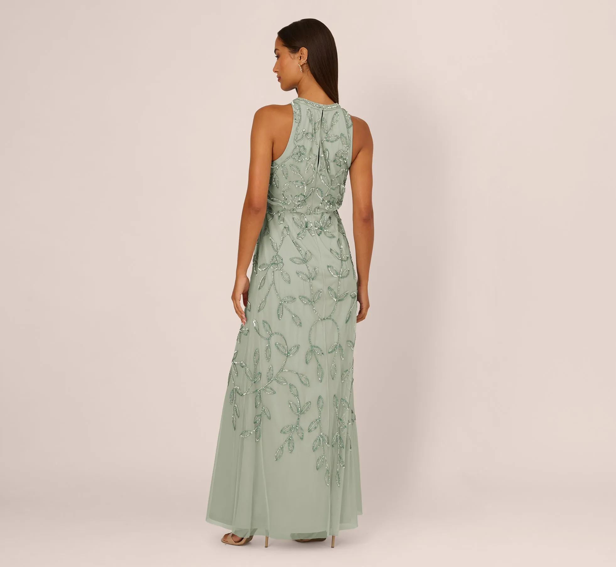 Sleeveless Blouson Mermaid Gown With Jasmine Beading In Aqua Dust sold by Adrianna Papell product image thumbnail 5