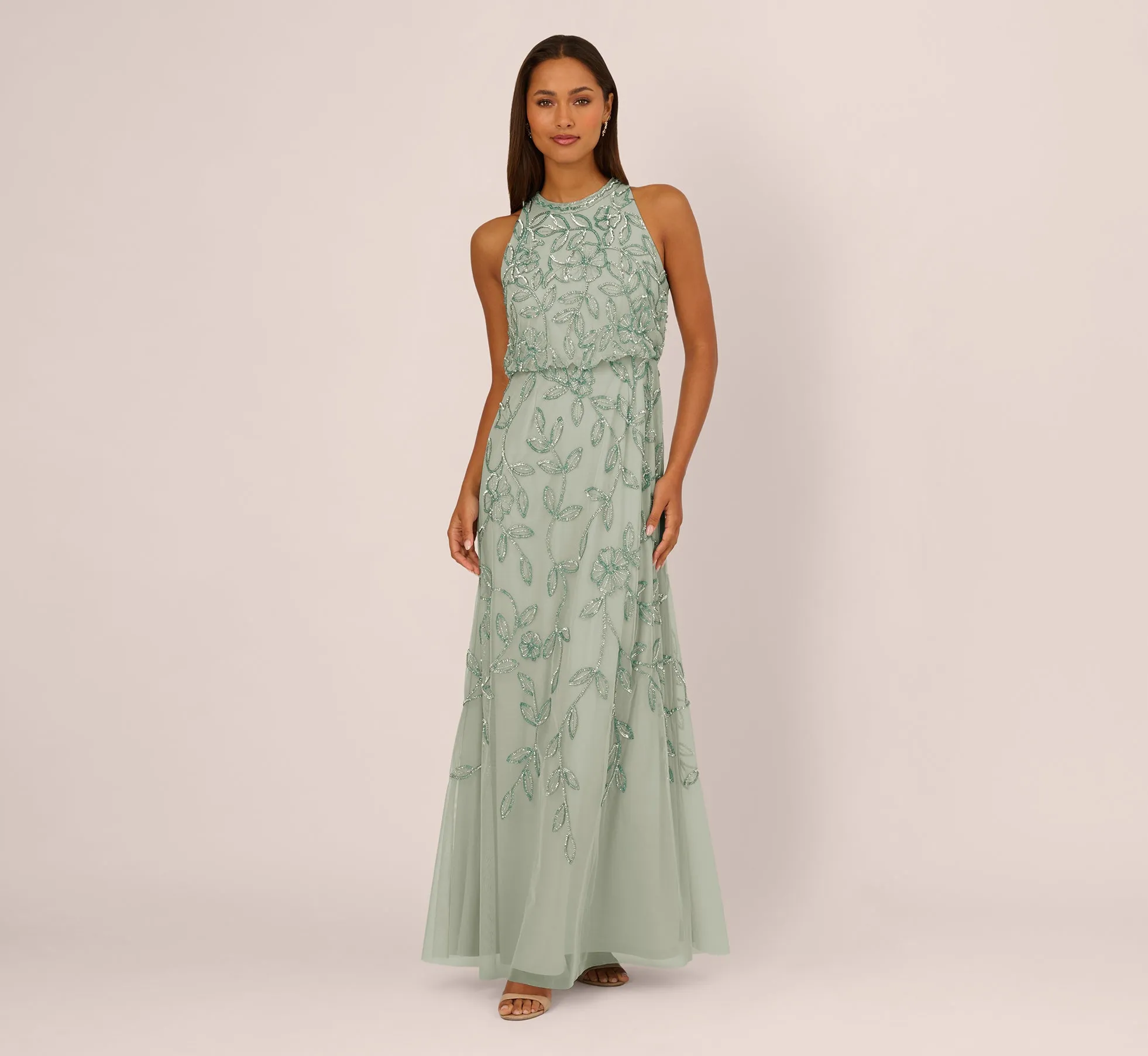 Sleeveless Blouson Mermaid Gown With Jasmine Beading In Aqua Dust sold by Adrianna Papell product image thumbnail 2