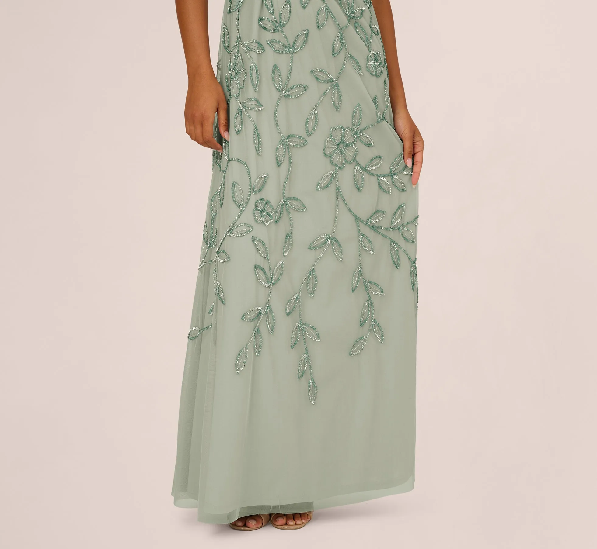Sleeveless Blouson Mermaid Gown With Jasmine Beading In Aqua Dust sold by Adrianna Papell product image thumbnail 4
