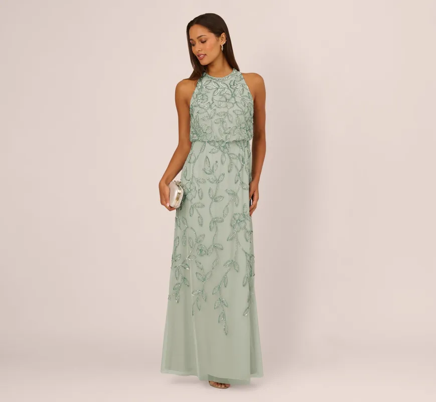 Sleeveless Blouson Mermaid Gown With Jasmine Beading In Aqua Dust sold by Adrianna Papell