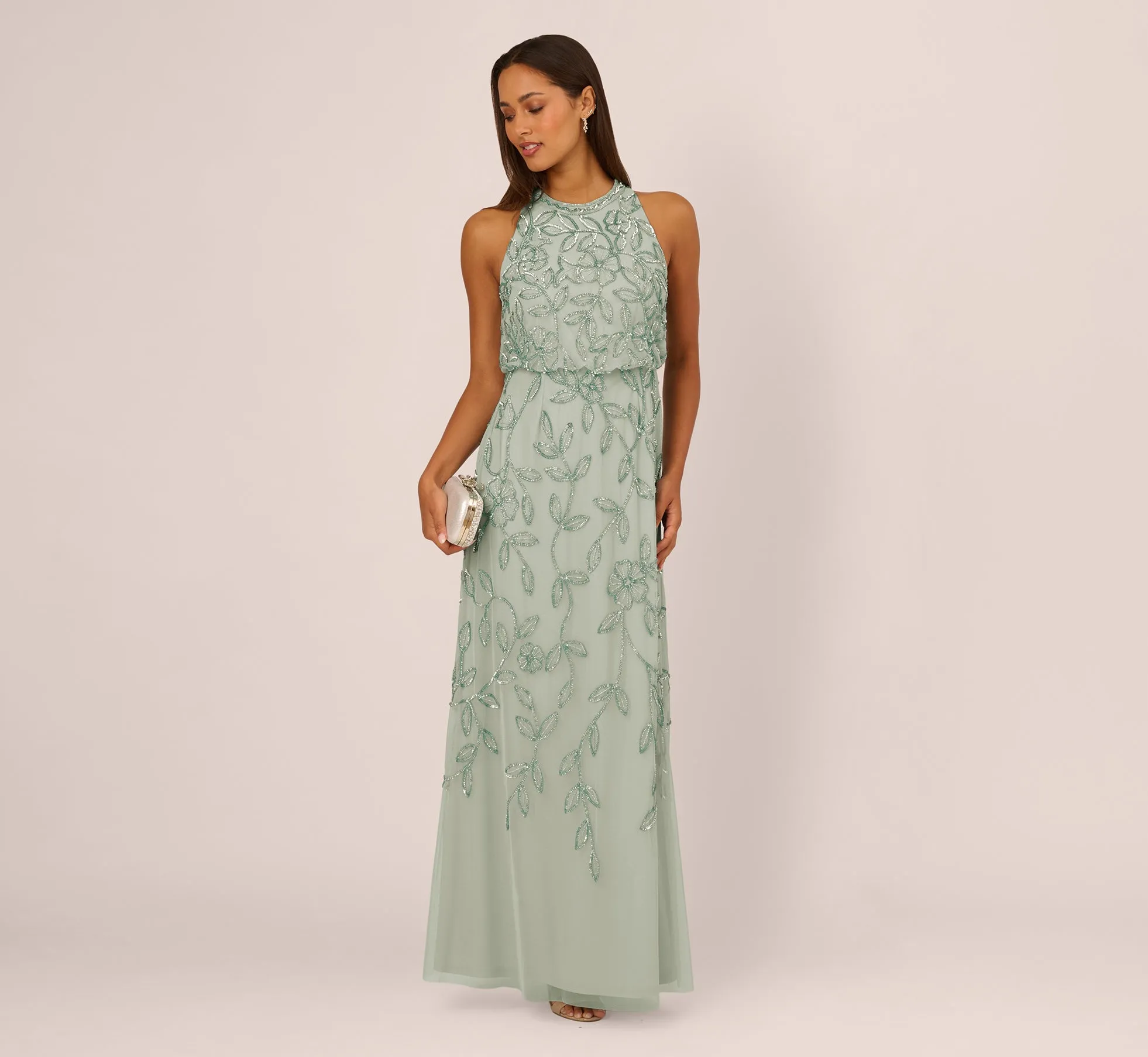 Sleeveless Blouson Mermaid Gown With Jasmine Beading In Aqua Dust sold by Adrianna Papell