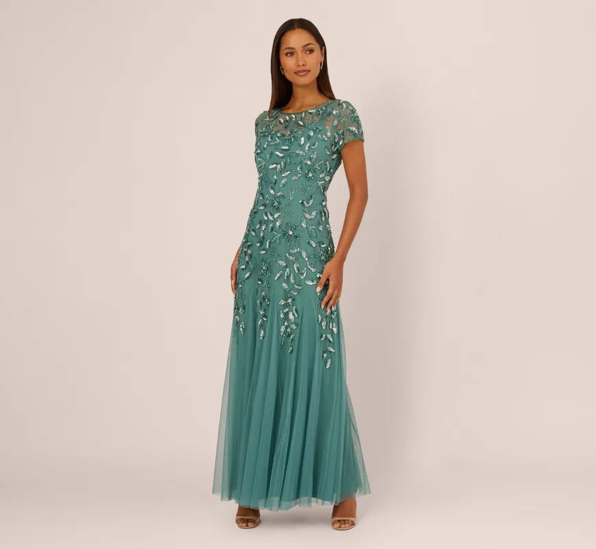 Hand Beaded Short Sleeve Floral Godet Gown In Jade sold by Adrianna Papell