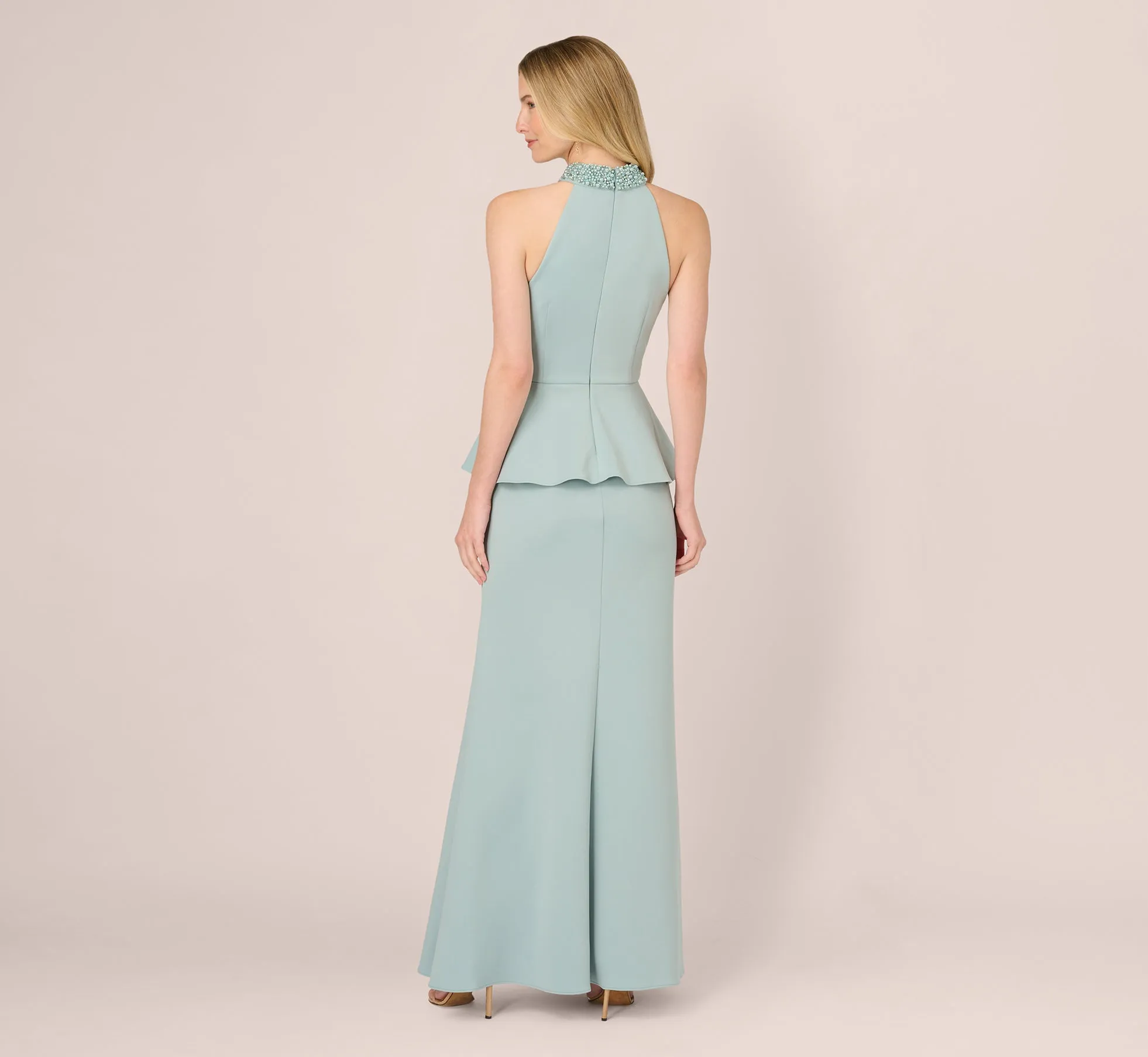 Sleeveless Pearly Halter Peplum Gown In Aqua Dust sold by Adrianna Papell product image thumbnail 5