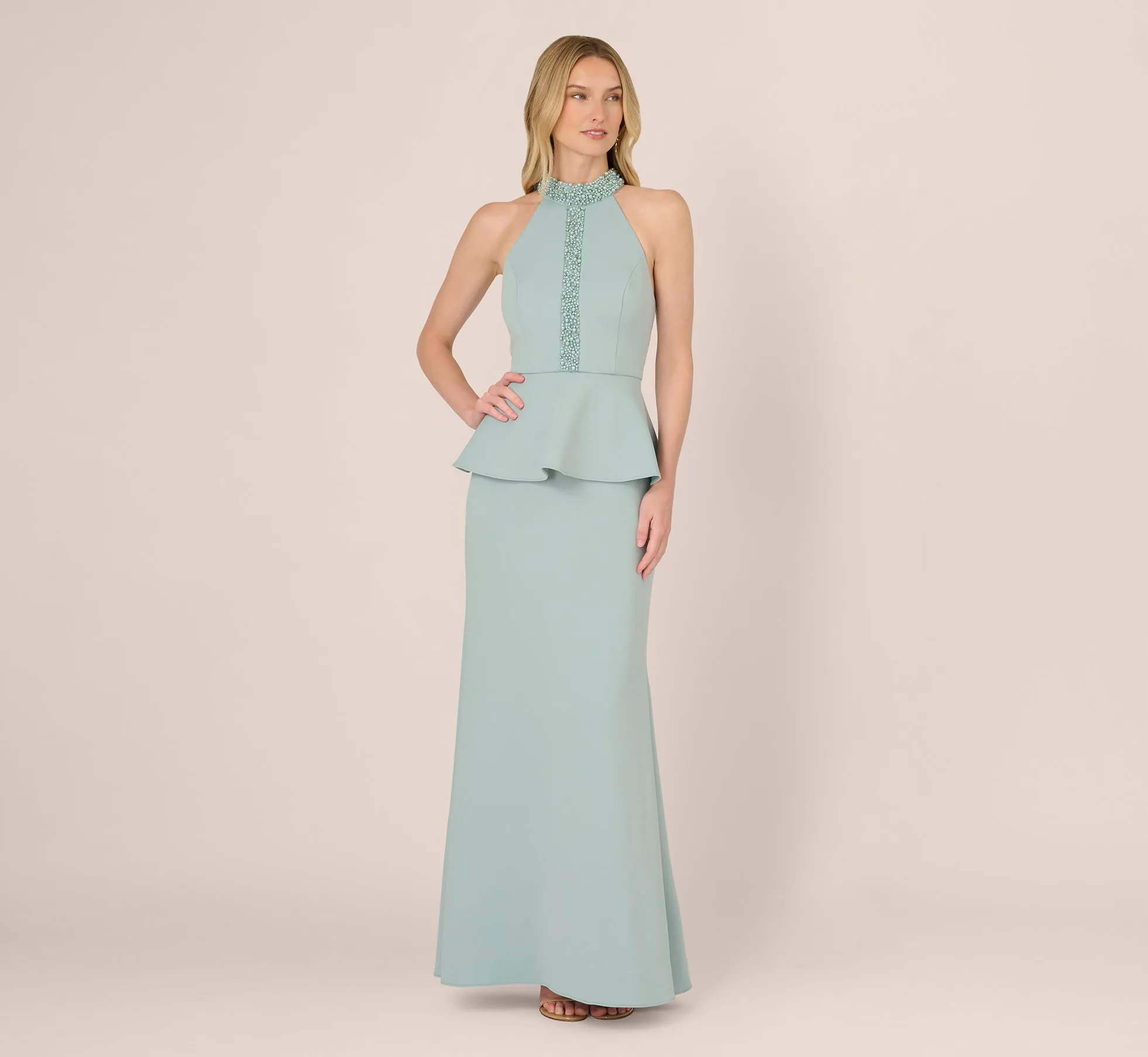 Sleeveless Pearly Halter Peplum Gown In Aqua Dust sold by Adrianna Papell product image thumbnail 2
