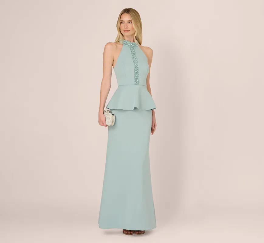 Sleeveless Pearly Halter Peplum Gown In Aqua Dust sold by Adrianna Papell