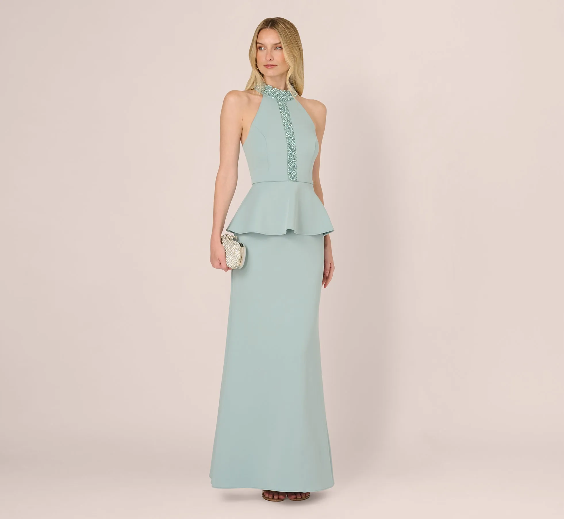 Sleeveless Pearly Halter Peplum Gown In Aqua Dust sold by Adrianna Papell