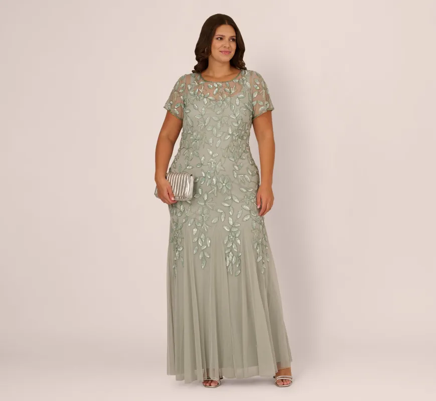 Plus Size Hand Beaded Short Sleeve Floral Godet Gown In Frosted Sage sold by Adrianna Papell