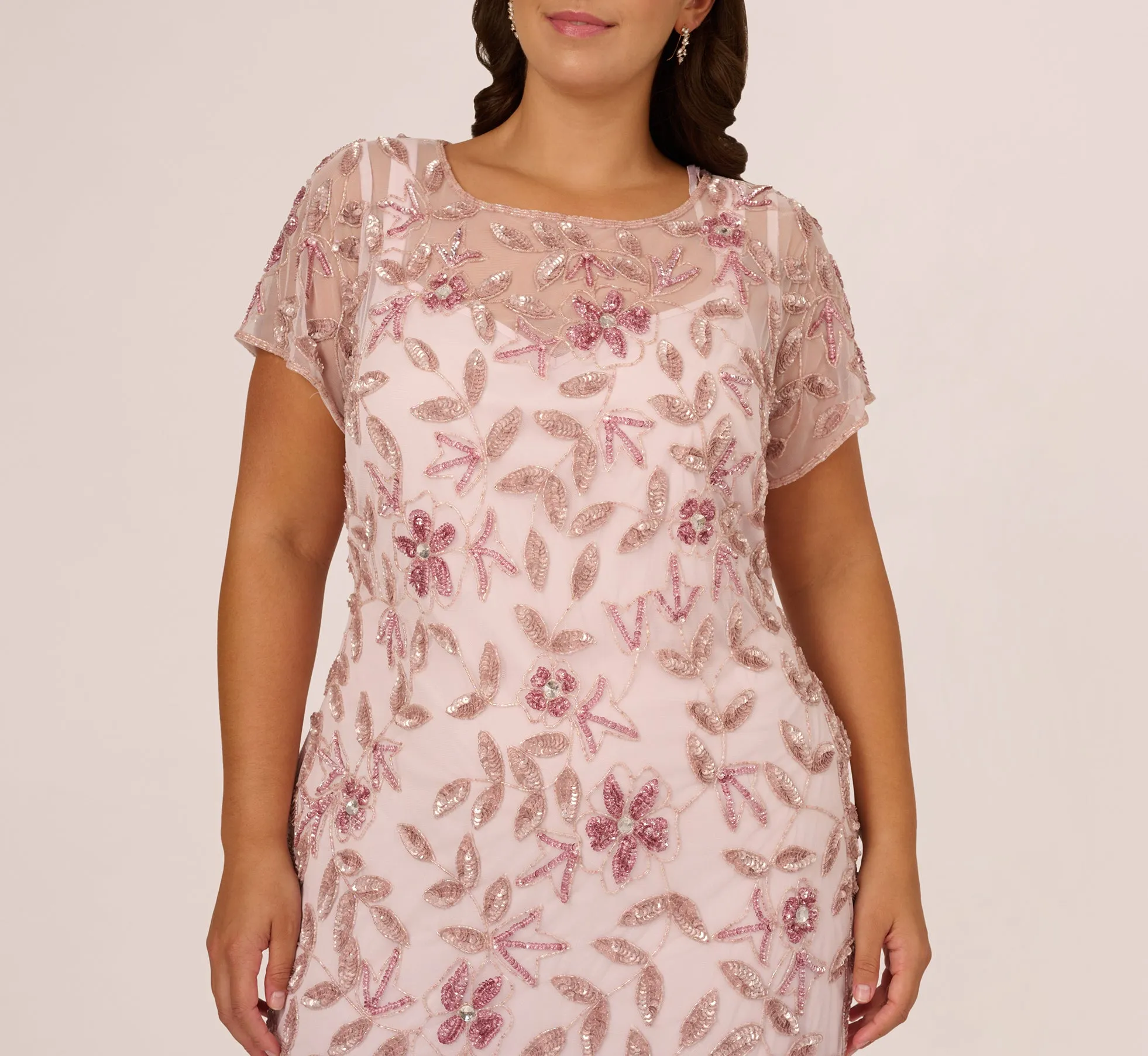 Plus Size Hand Beaded Short Sleeve Floral Godet Gown In Blush Pink sold by Adrianna Papell product image thumbnail 3