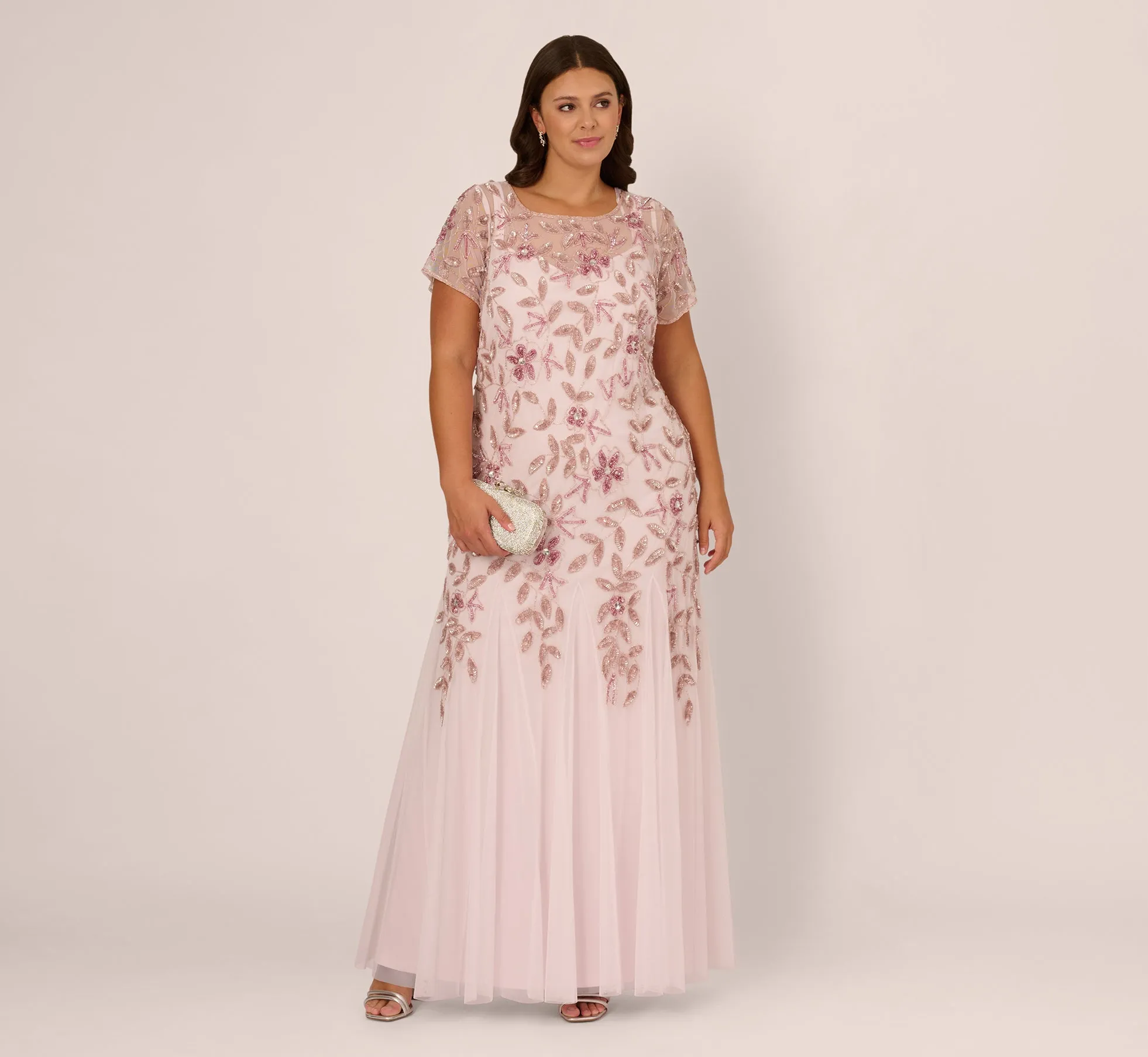 Plus Size Hand Beaded Short Sleeve Floral Godet Gown In Blush Pink sold by Adrianna Papell
