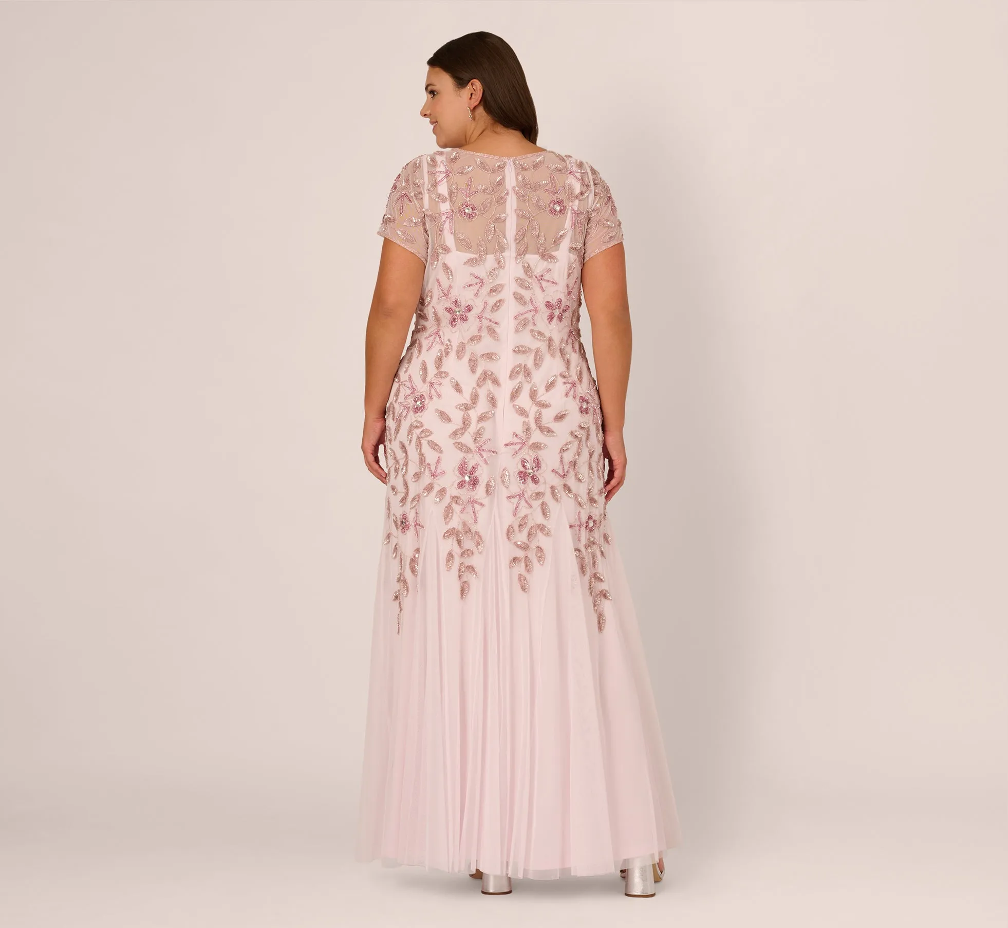 Plus Size Hand Beaded Short Sleeve Floral Godet Gown In Blush Pink sold by Adrianna Papell product image thumbnail 5