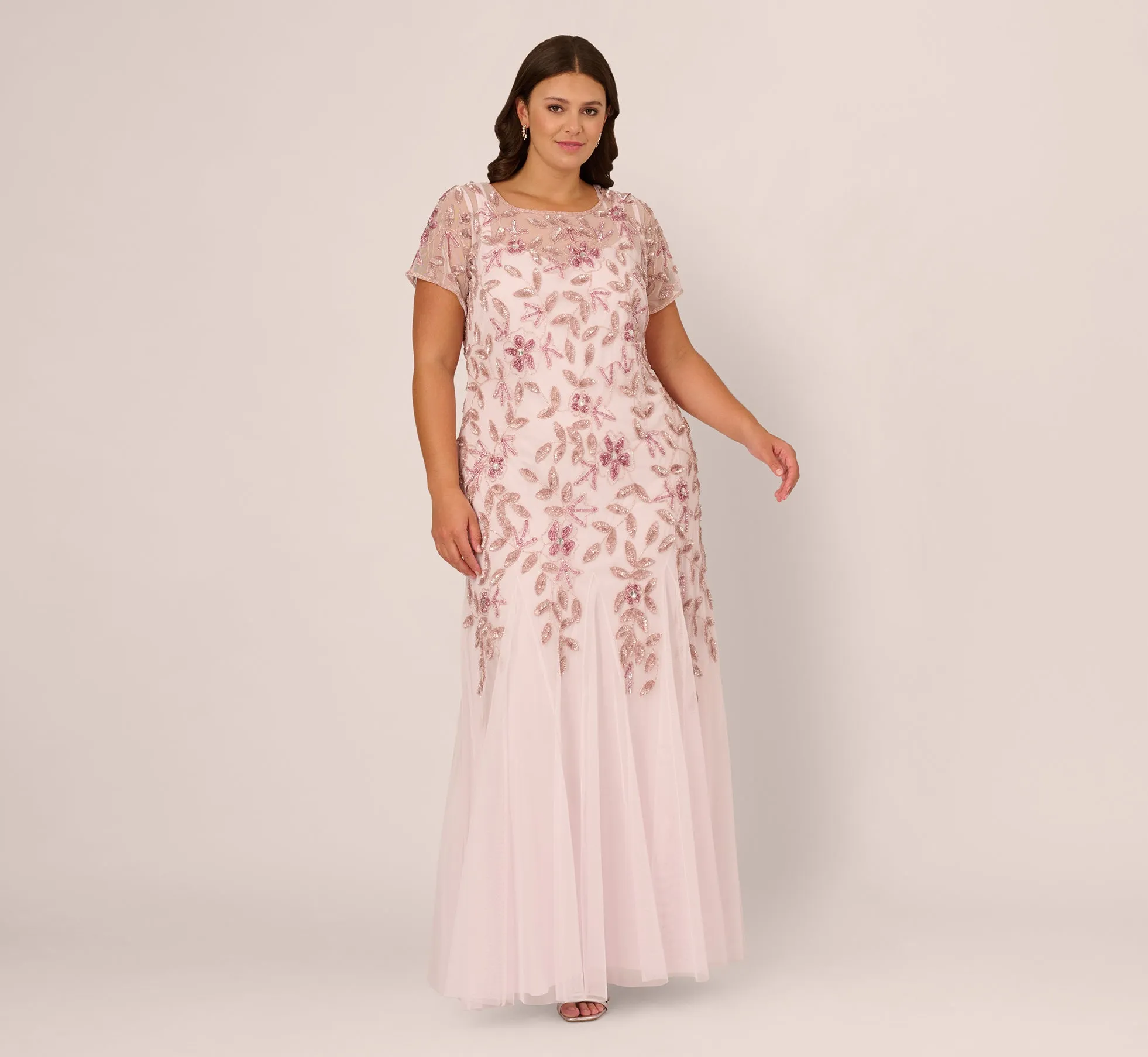 Plus Size Hand Beaded Short Sleeve Floral Godet Gown In Blush Pink sold by Adrianna Papell product image thumbnail 2