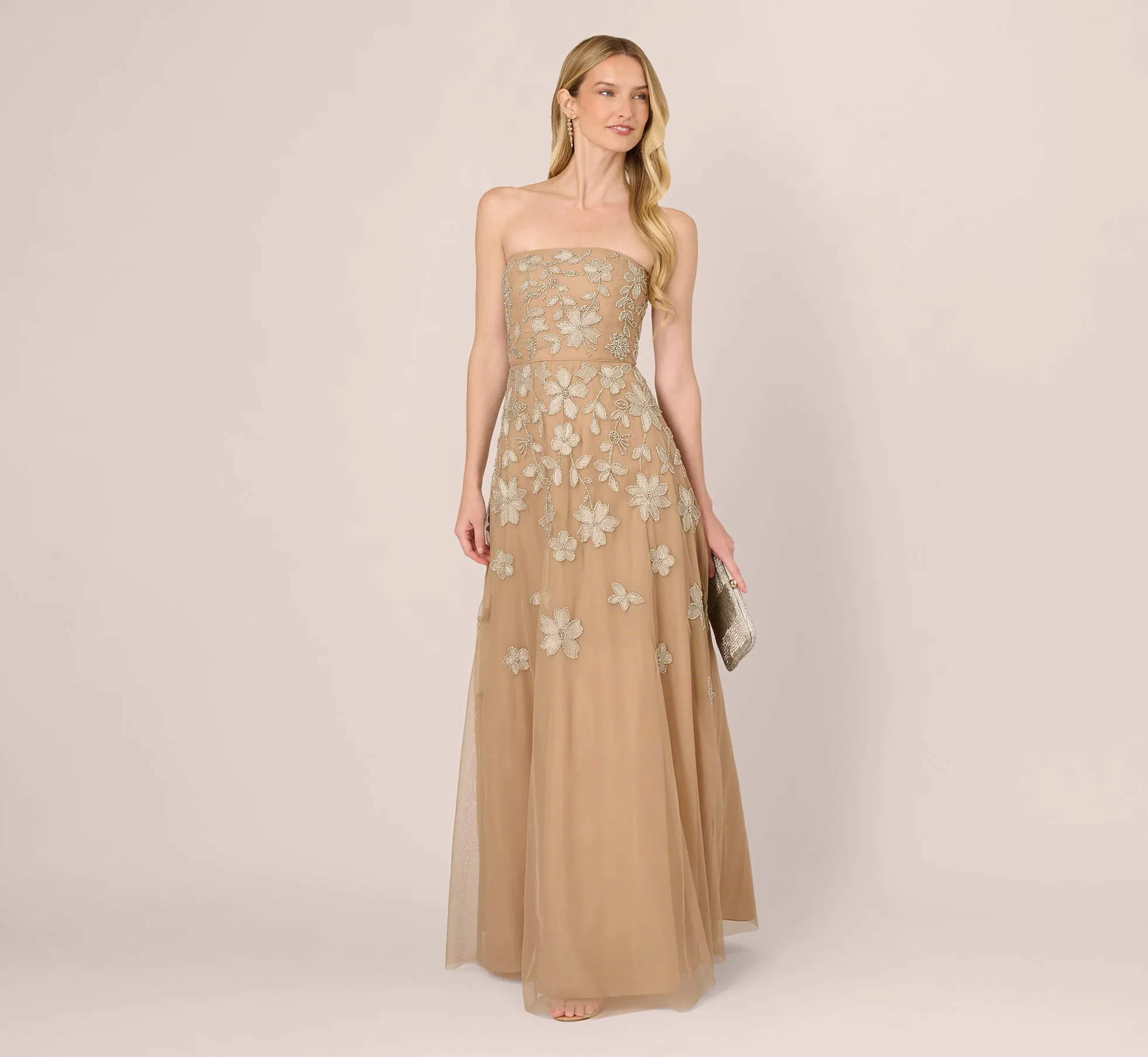 Strapless Floral Beaded Embroidery Gown In Taupe Pink sold by Adrianna Papell