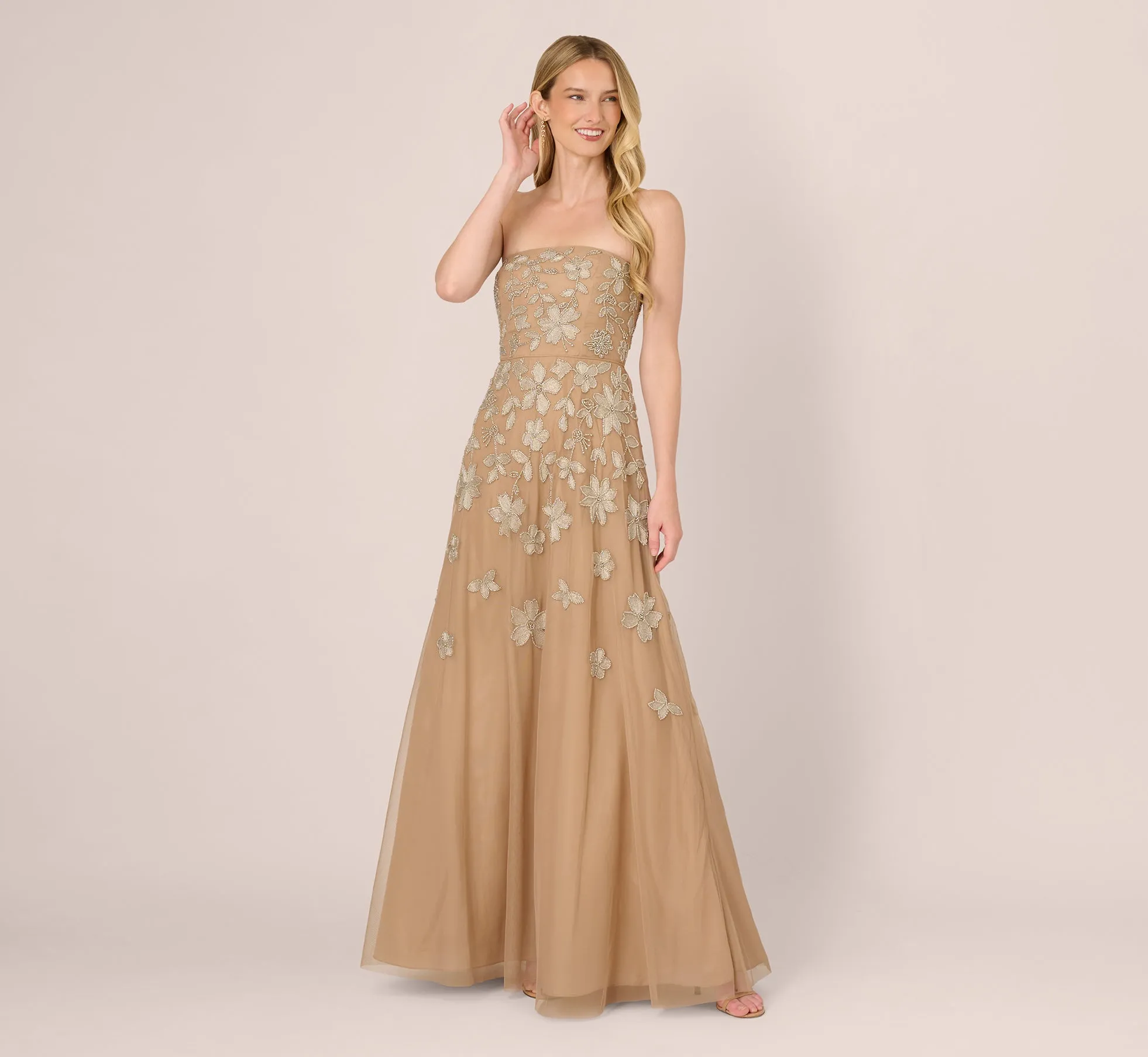 Strapless Floral Beaded Embroidery Gown In Taupe Pink sold by Adrianna Papell product image thumbnail 2