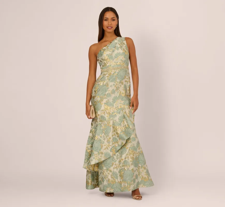One Shoulder Beaded Metallic Floral Gown In Sage Multi sold by Adrianna Papell