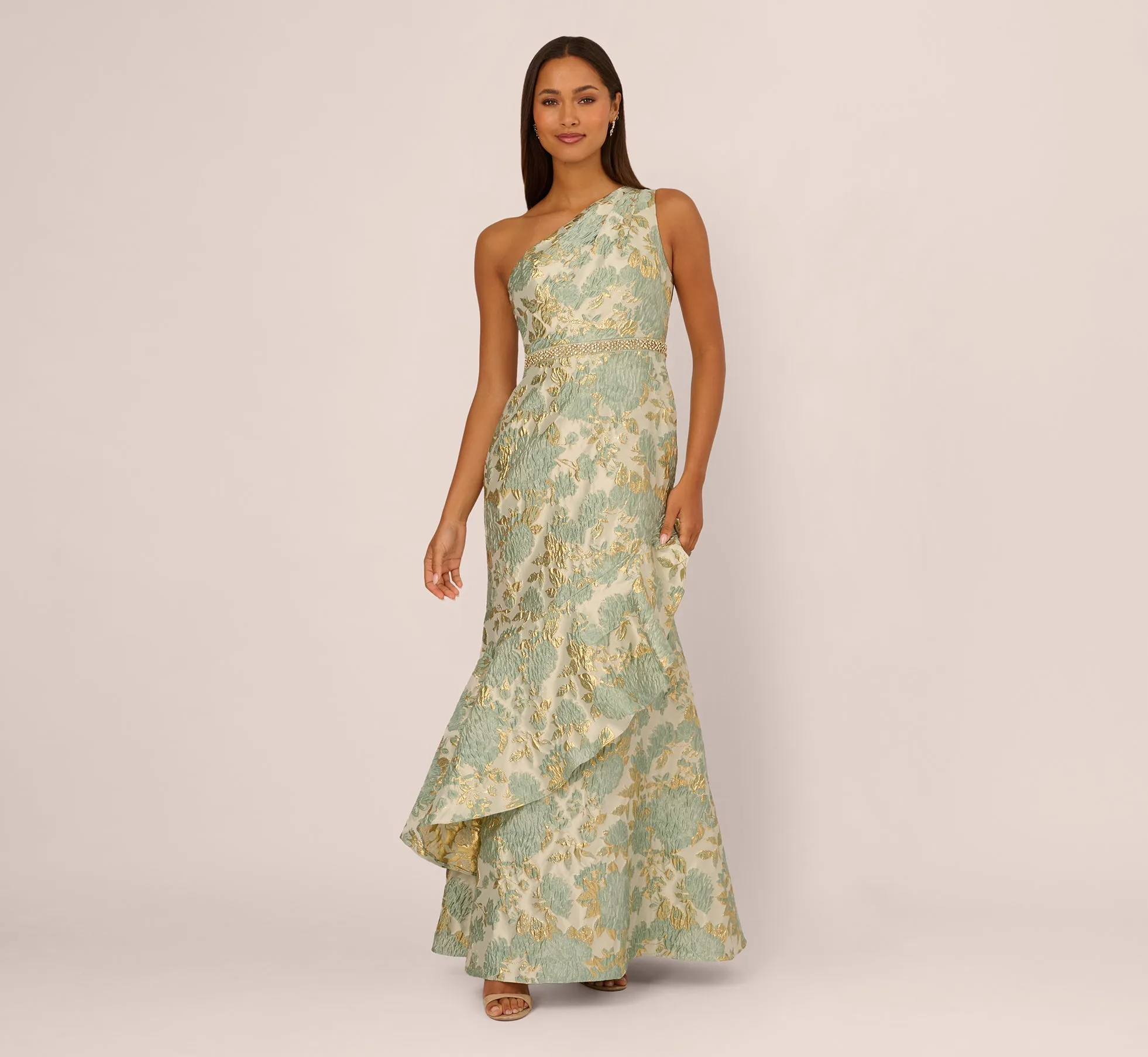 One Shoulder Beaded Metallic Floral Gown In Sage Multi sold by Adrianna Papell product image thumbnail 2